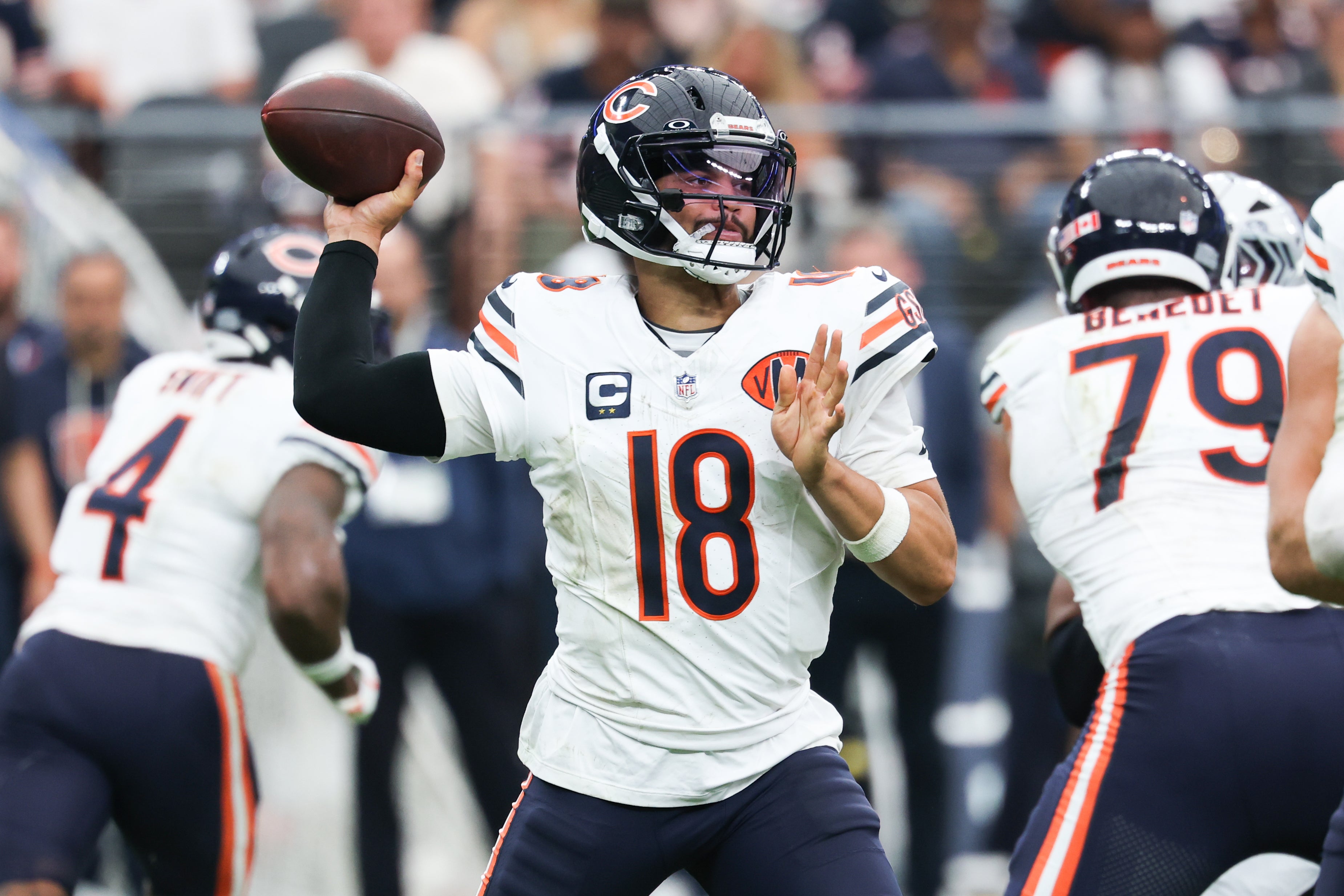 Sep 28, 2025; Paradise, Nevada, USA; Chicago Bears quarterback Caleb Williams (18) prepares to throw the ball during the second quarter against the Las Vegas Raiders at Allegiant Stadium.