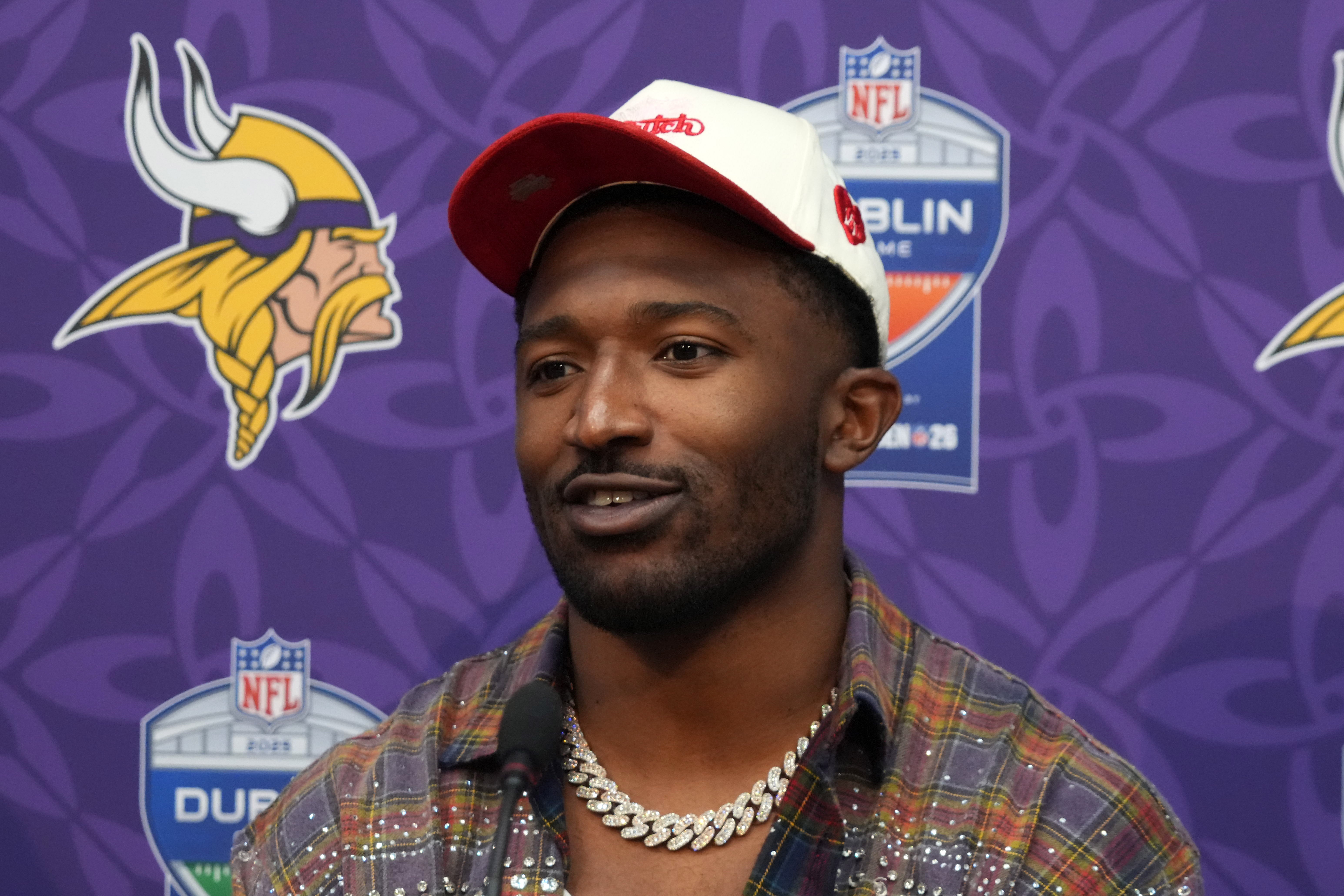 Sep 28, 2025; Dublin, Ireland; Minnesota Vikings linebacker Jonathan Greenard (58) at press conference after an NFL International Series game against the Pittsburgh Steelers at Croke Park.