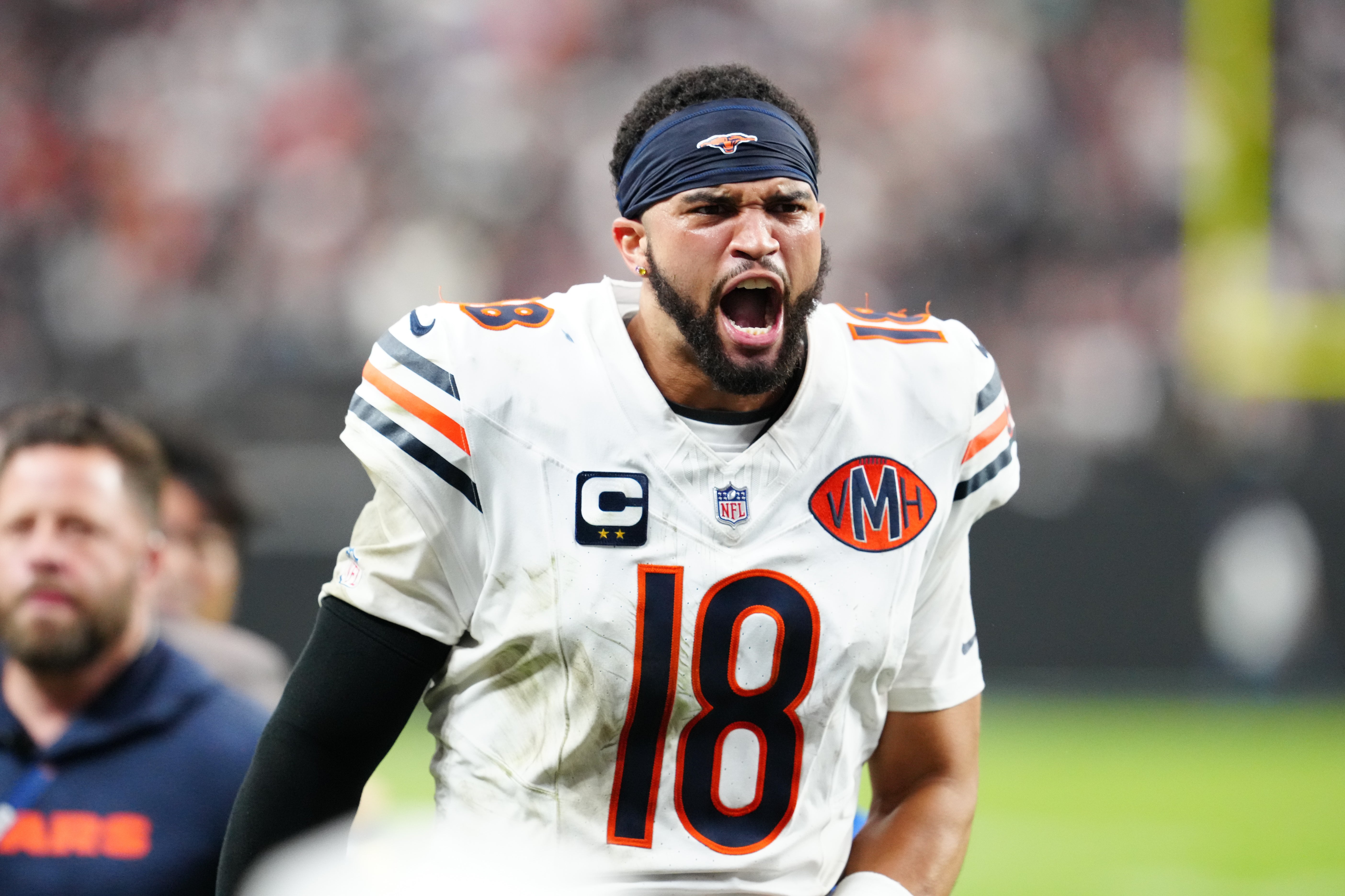 Sep 28, 2025; Paradise, Nevada, USA; Chicago Bears quarterback Caleb Williams (18) celebrates after the game against the Las Vegas Raiders at Allegiant Stadium.