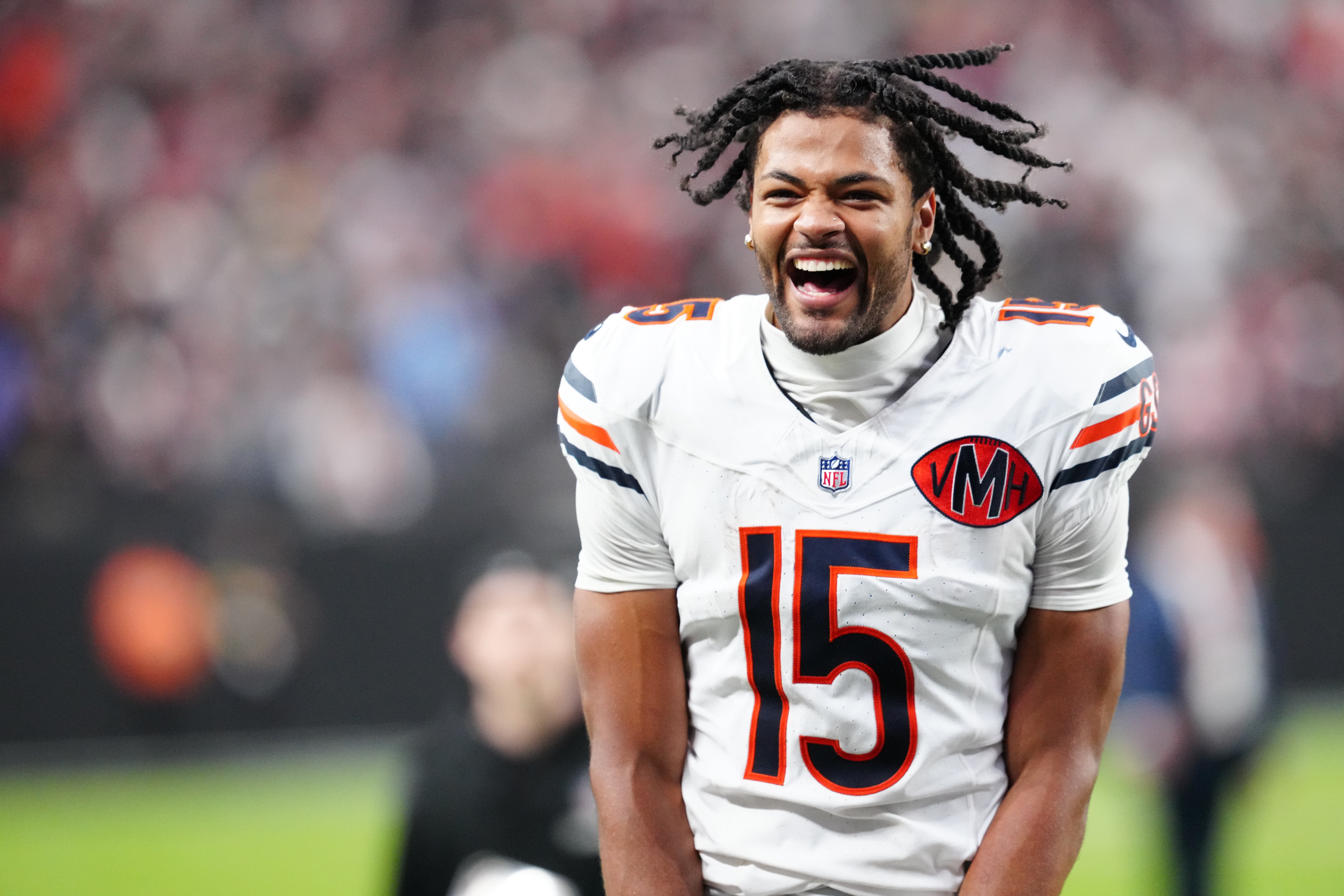 Sep 28, 2025; Paradise, Nevada, USA; Chicago Bears wide receiver Rome Odunze (15) celebrates after the game against the Las Vegas Raiders at Allegiant Stadium.