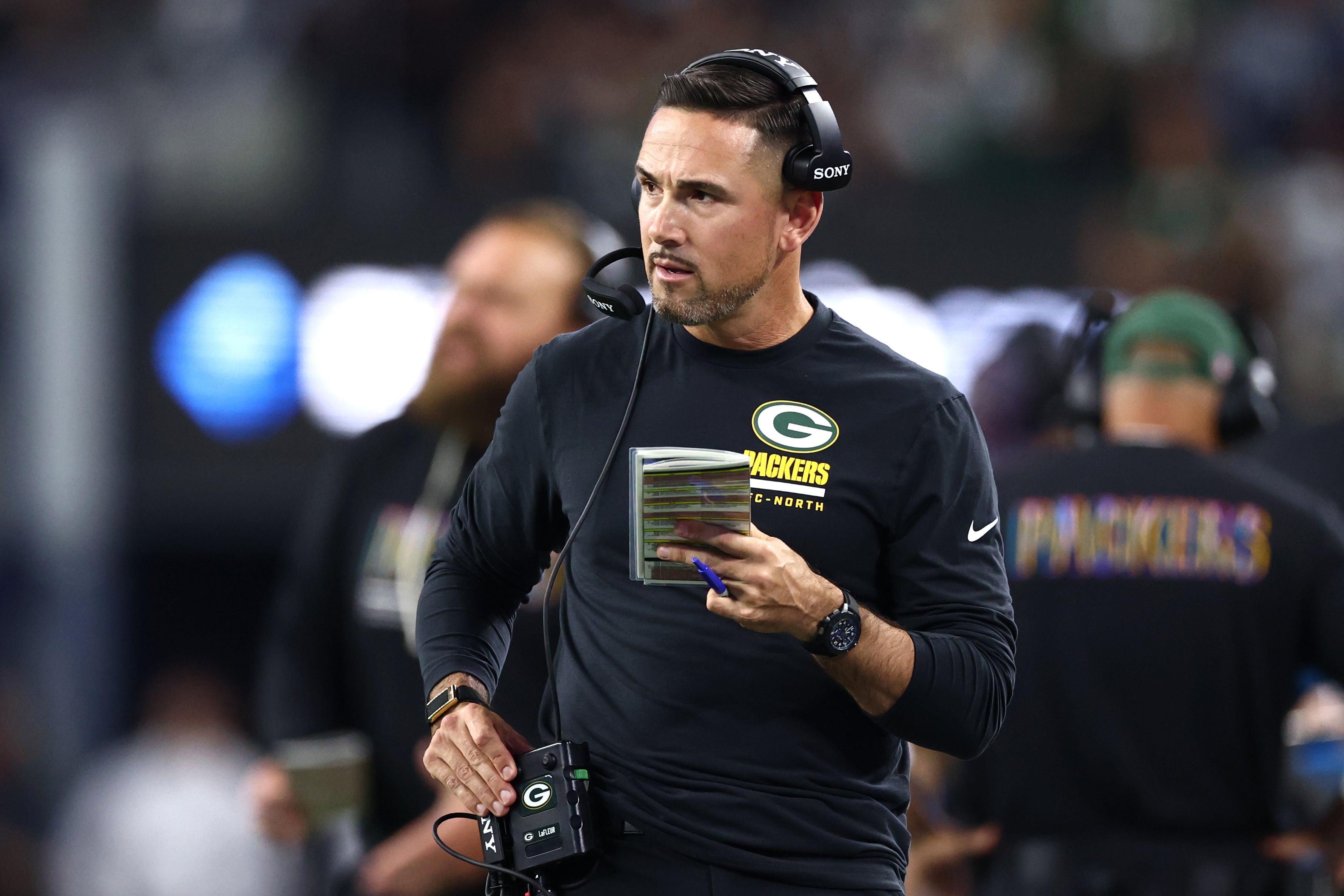 Sep 28, 2025; Arlington, Texas, USA; Green Bay Packers head coach Matt LaFleur looks on in the first quarter against the Dallas Cowboys at AT&T Stadium.