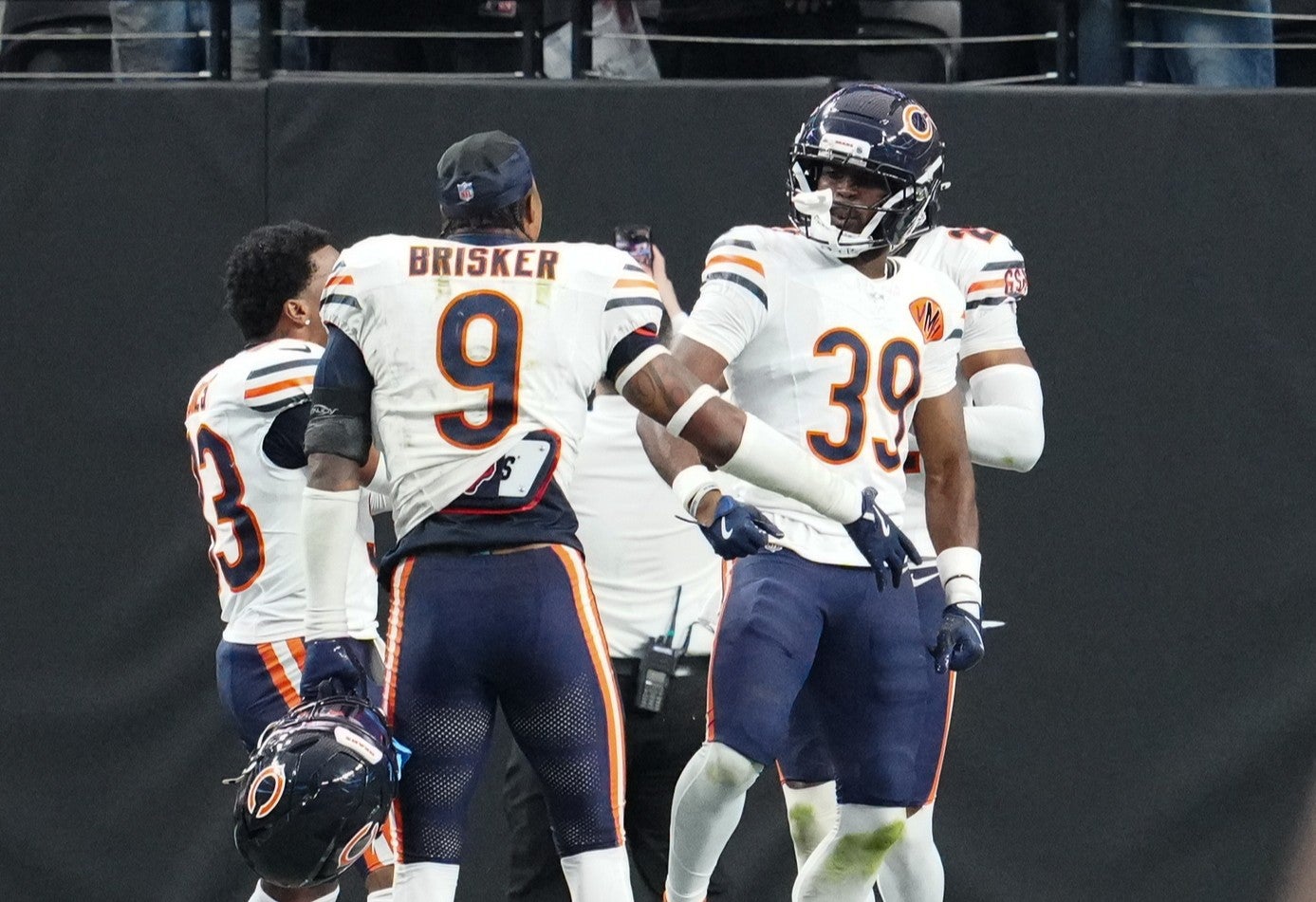 Sep 28, 2025; Paradise, Nevada, USA; Chicago Bears cornerback Josh Blackwell (39) celebrates after the game against the Las Vegas Raiders at Allegiant Stadium.