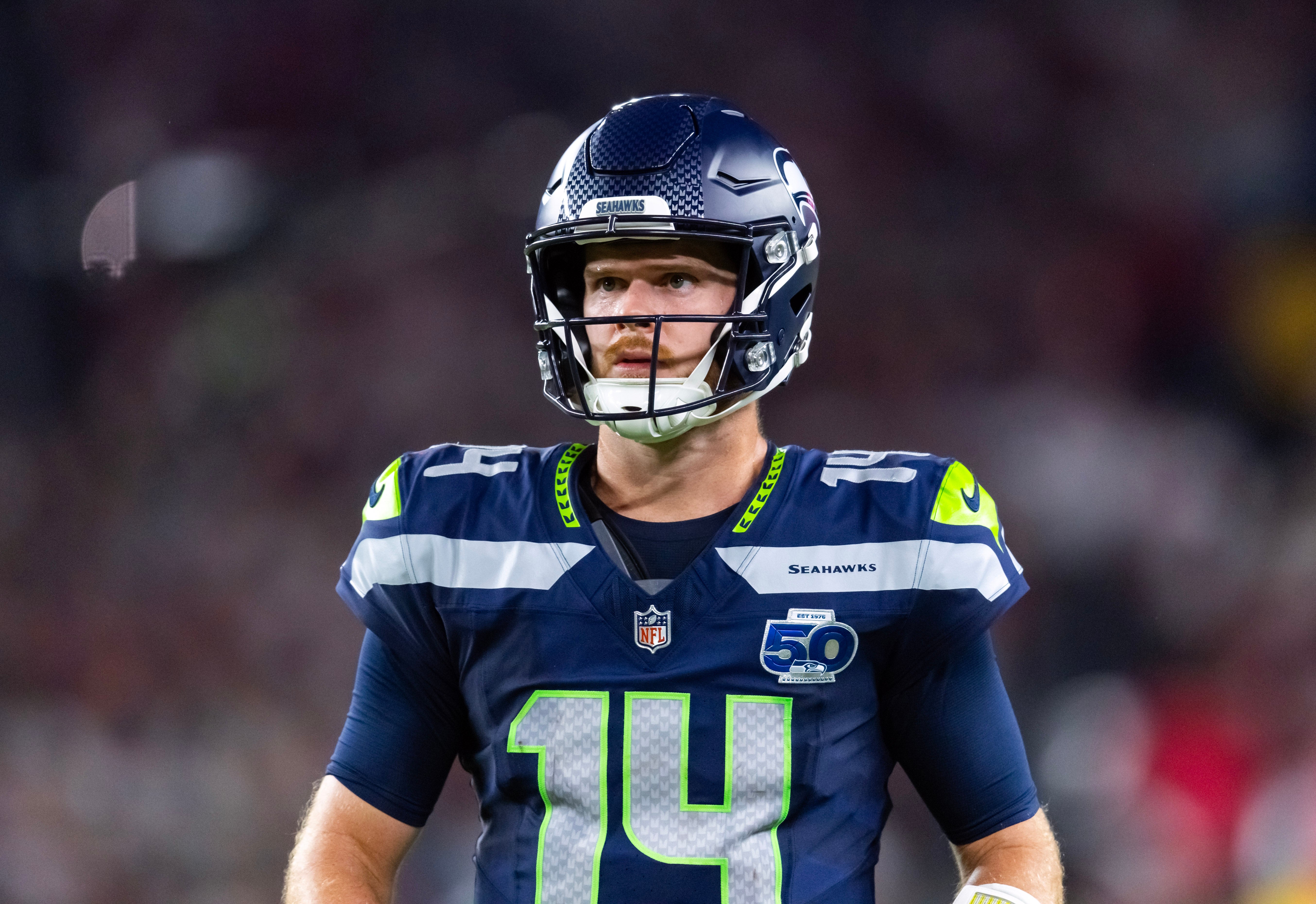 Sep 25, 2025; Glendale, Arizona, USA; Seattle Seahawks quarterback Sam Darnold (14) against the Arizona Cardinals at State Farm Stadium.