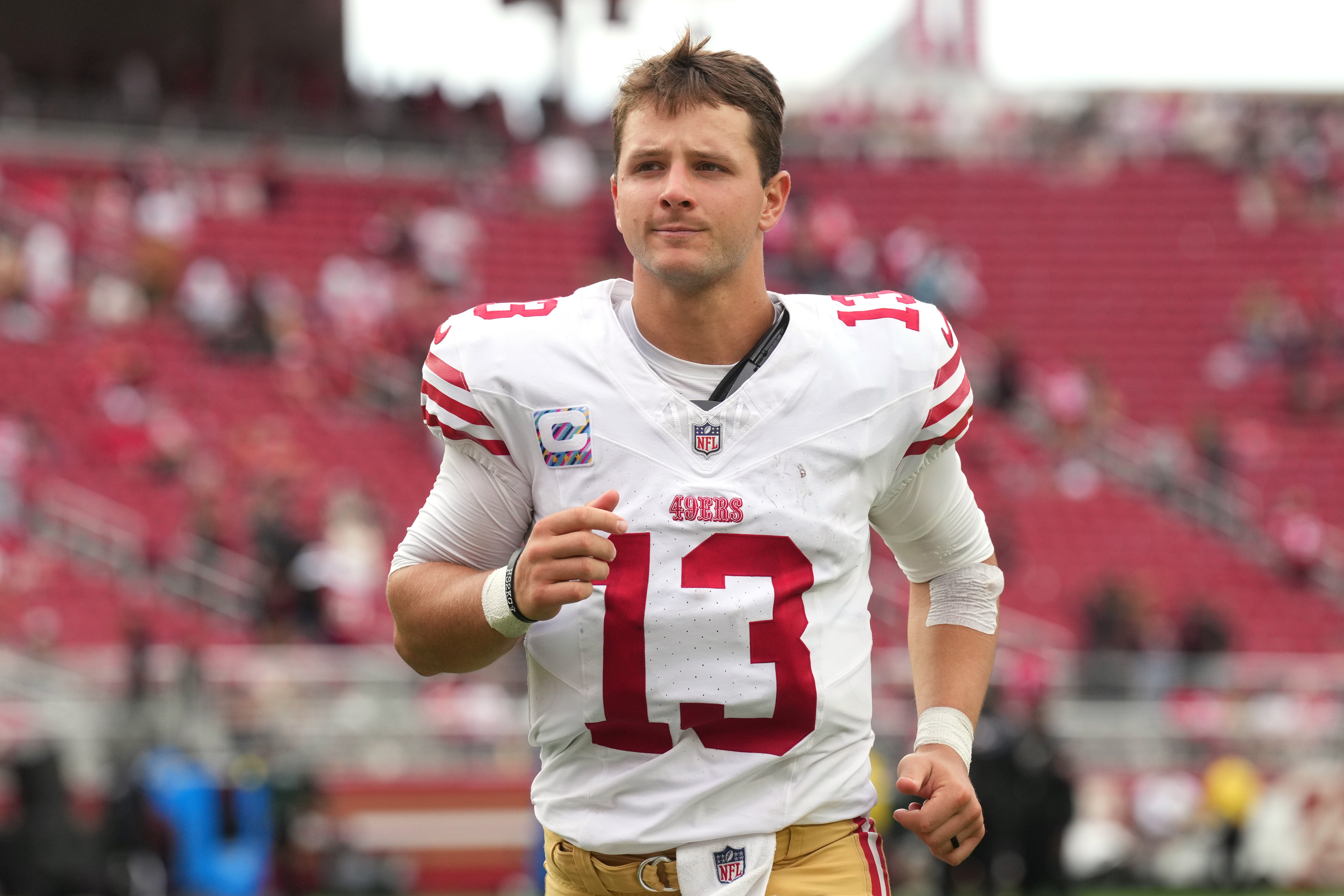Sep 28, 2025; Santa Clara, California, USA; San Francisco 49ers quarterback Brock Purdy (13) after the game against the Jacksonville Jaguars at Levi's Stadium.