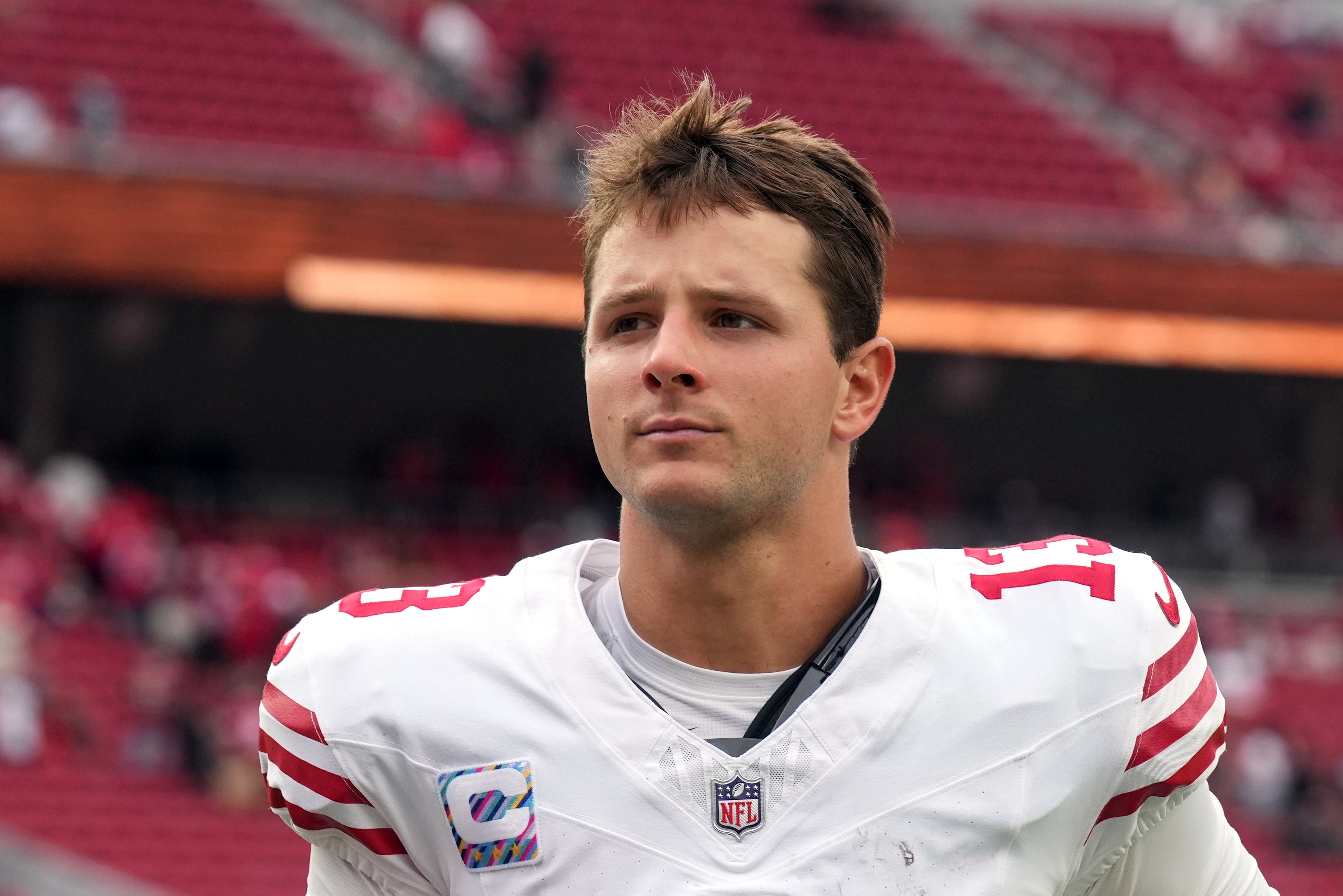 Sep 28, 2025; Santa Clara, California, USA; San Francisco 49ers quarterback Brock Purdy (13) after the game against the Jacksonville Jaguars at Levi's Stadium.