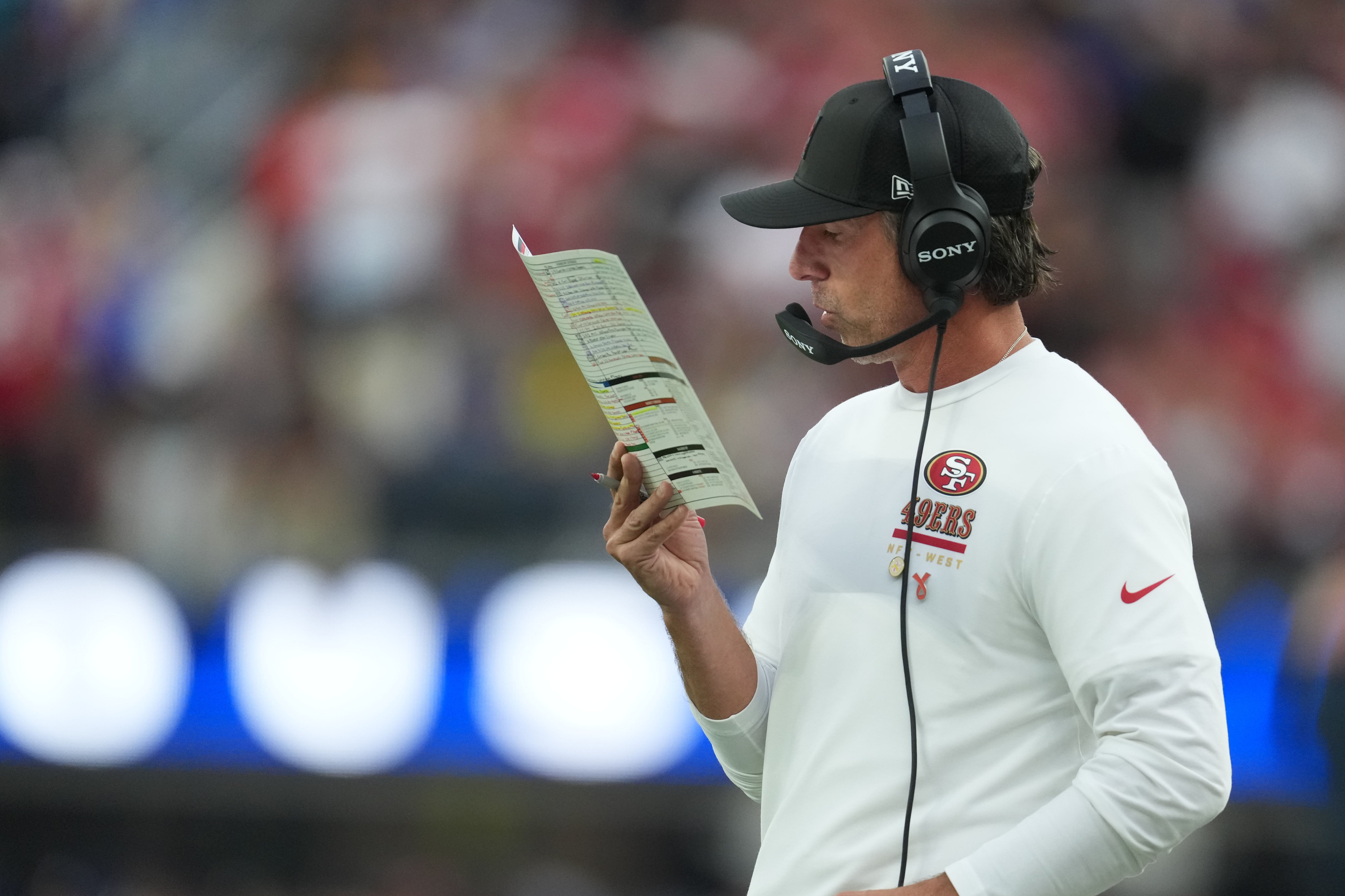 Oct 2, 2025; Inglewood, California, USA; San Francisco 49ers head coach Kyle Shanahan during the second half at SoFi Stadium.