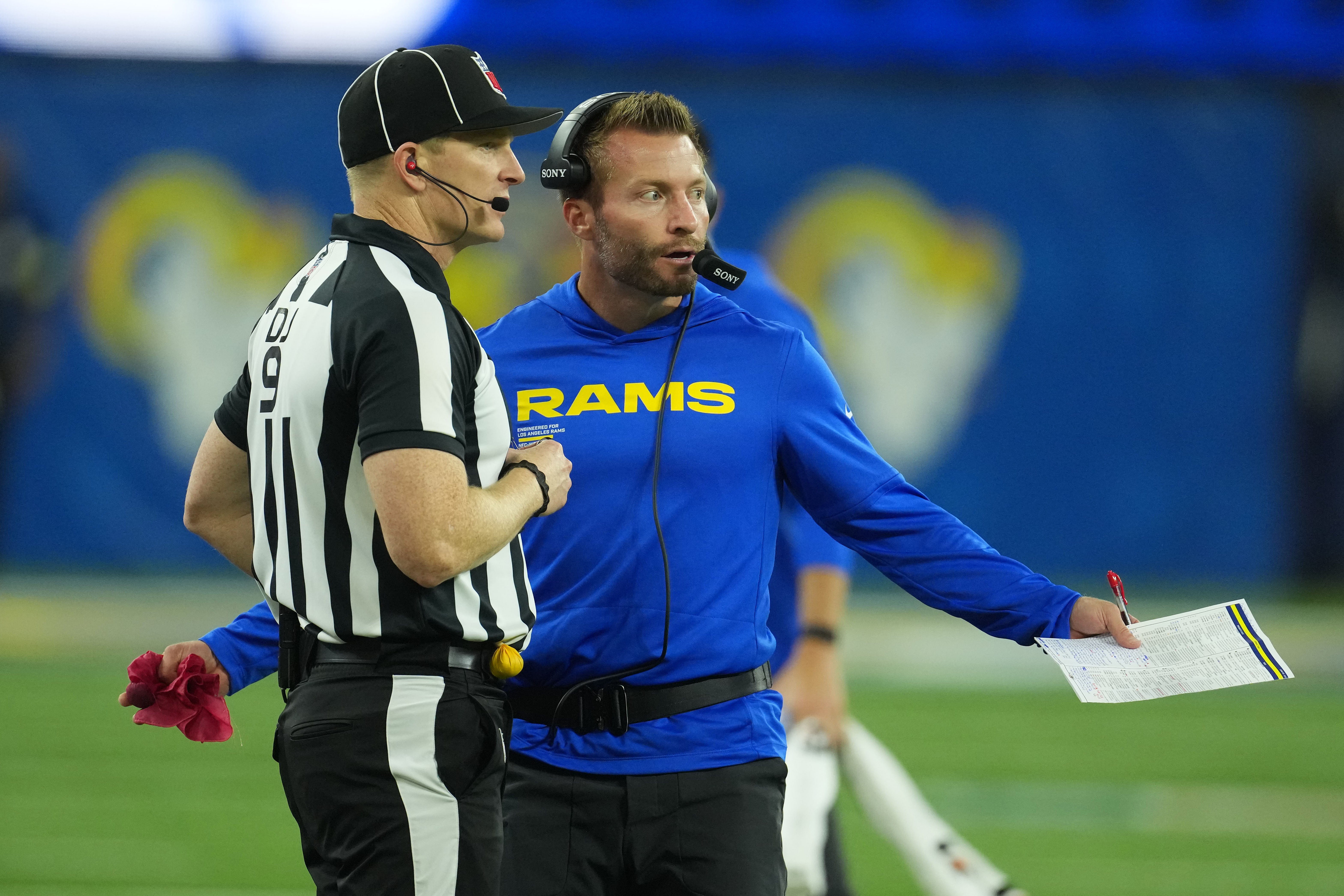 Oct 2, 2025; Inglewood, California, USA; Los Angeles Rams head coach Sean McVay reacts during the second half at SoFi Stadium.