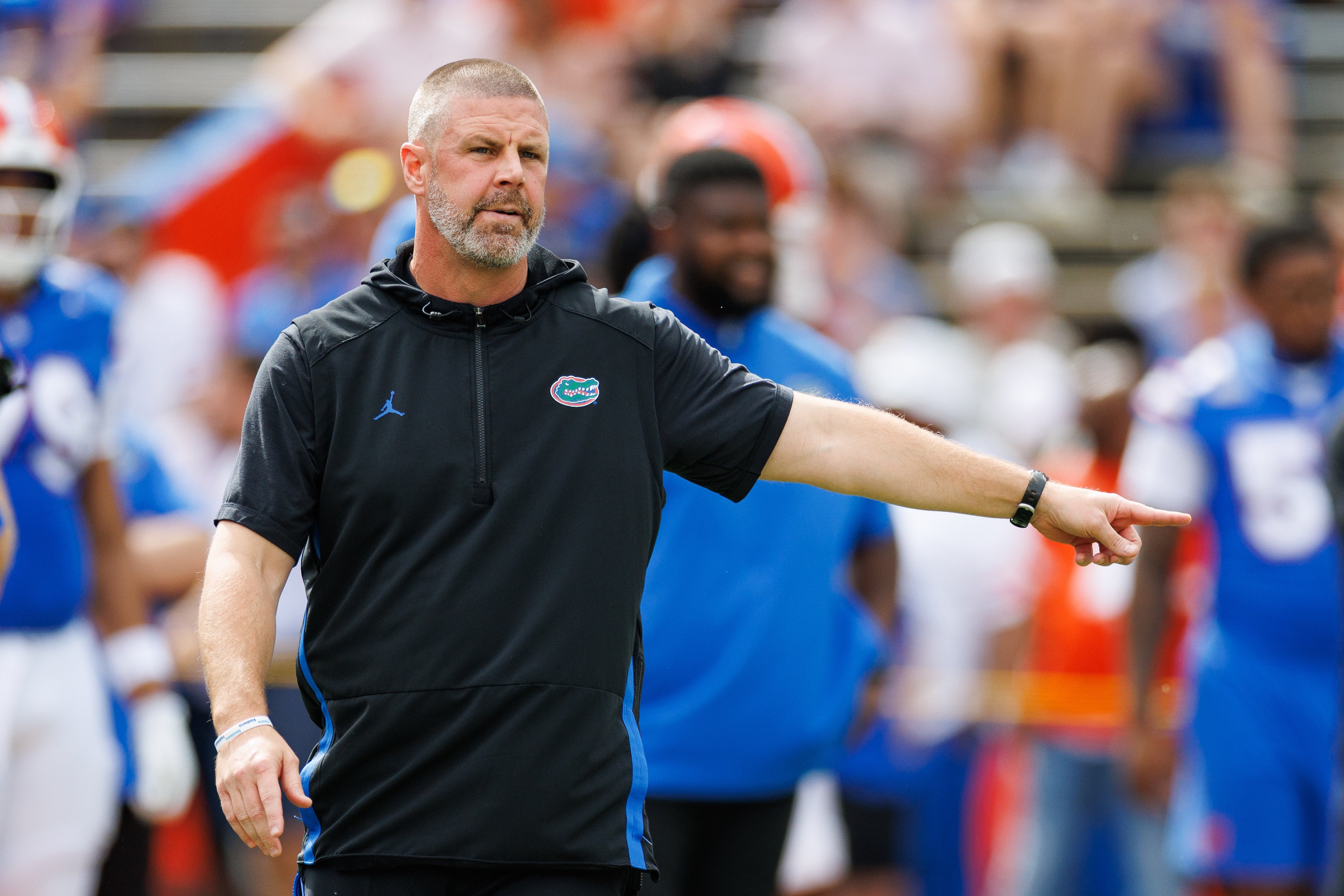 Oct 4, 2025; Gainesville, Florida, USA; Florida Gators head coach Billy Napier gestures before a game against the Texas Longhorns at Ben Hill Griffin Stadium.