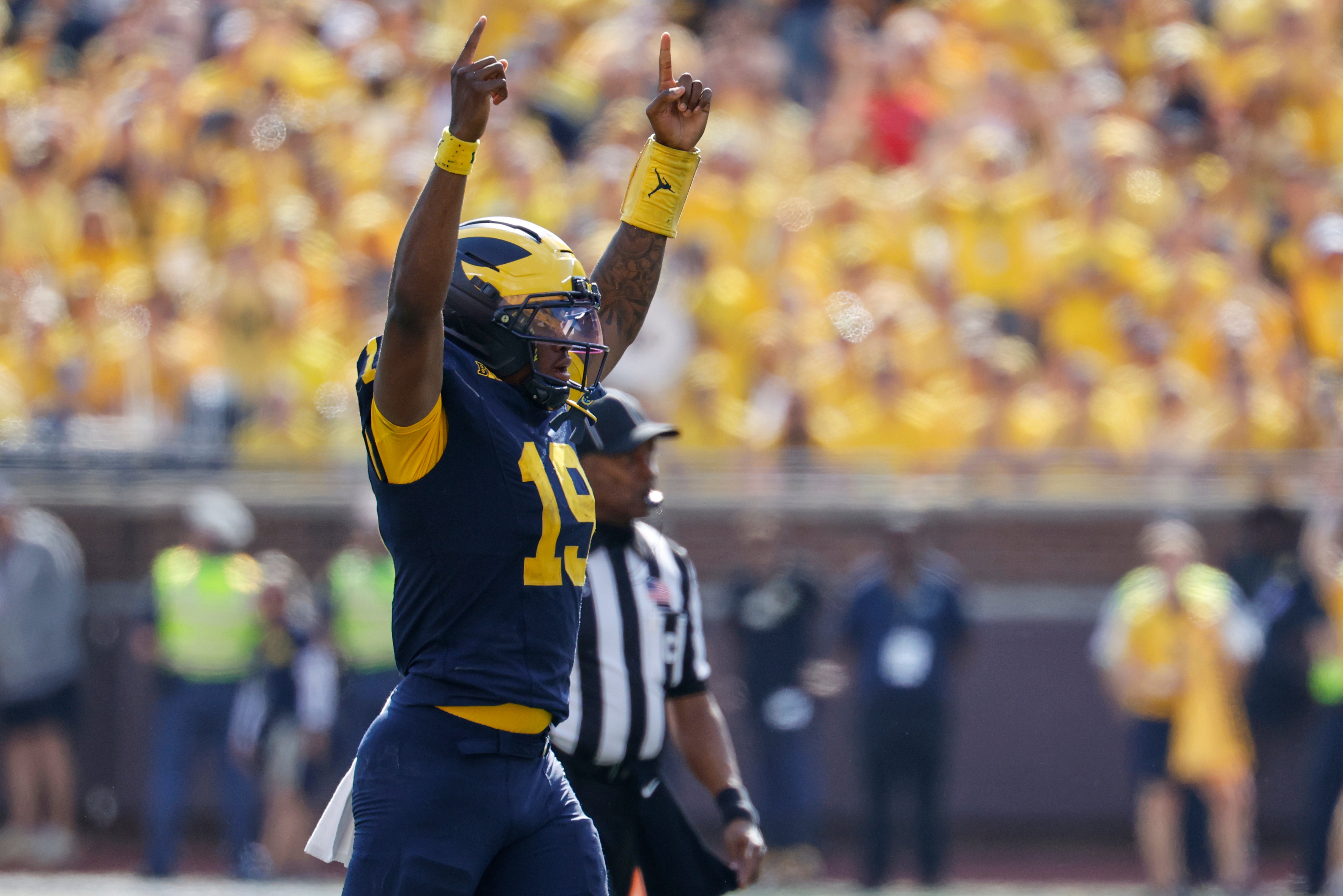 Oct 4, 2025; Ann Arbor, Michigan, USA; Michigan Wolverines quarterback Bryce Underwood (19) celebrates in the second half against the Wisconsin Badgers at Michigan Stadium.