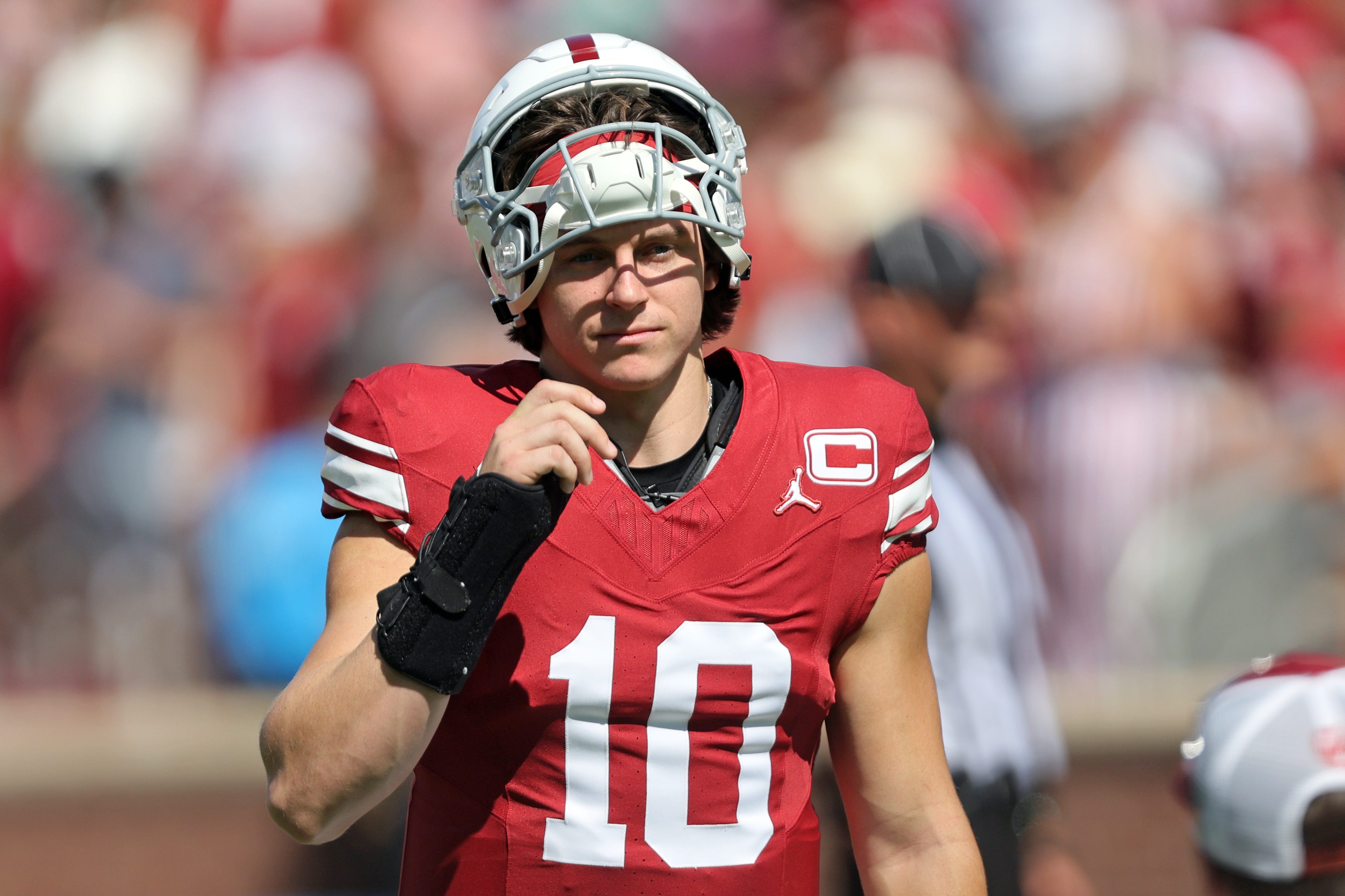 Oklahoma quarterback John Mateer (10) before an NCAA football game between the Oklahoma Sooners (OU) and Kent State Golden Flashes at Gaylord Family - Oklahoma Memorial Stadium in Norman, Okla., Saturday, Oct. 4, 2025.