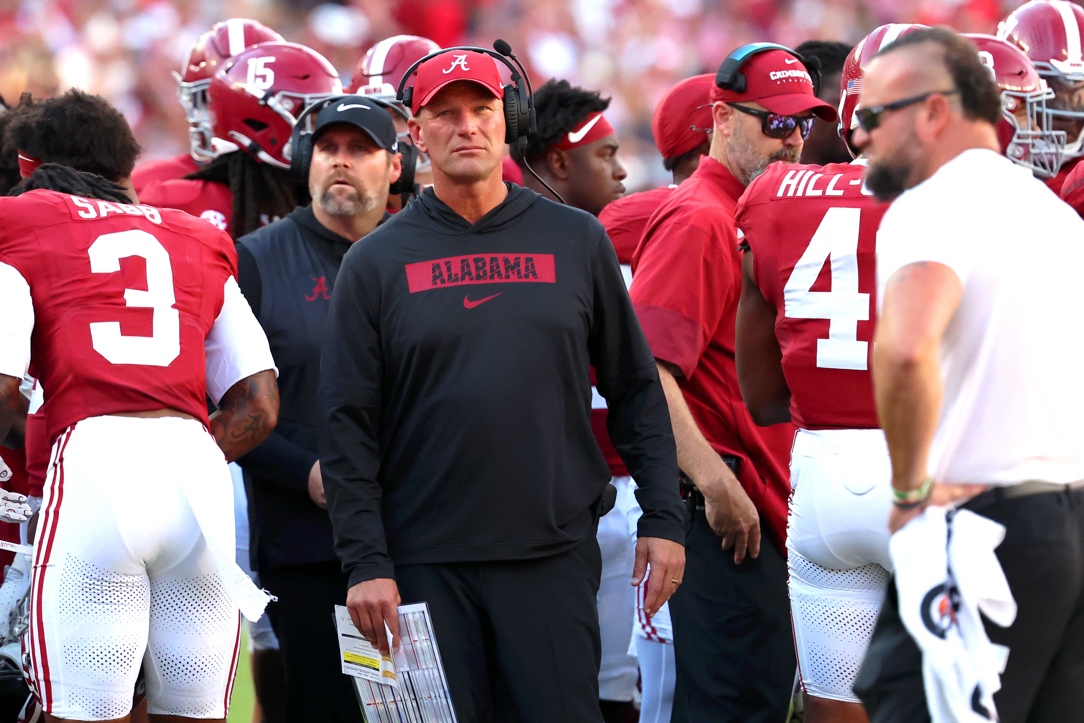 Oct 4, 2025; Tuscaloosa, Alabama, USA; Alabama Crimson Tide head coach Kalen DeBoer watches from the sidelines during the second quarter against the Vanderbilt Commodores at Saban Field at Bryant-Denny Stadium.