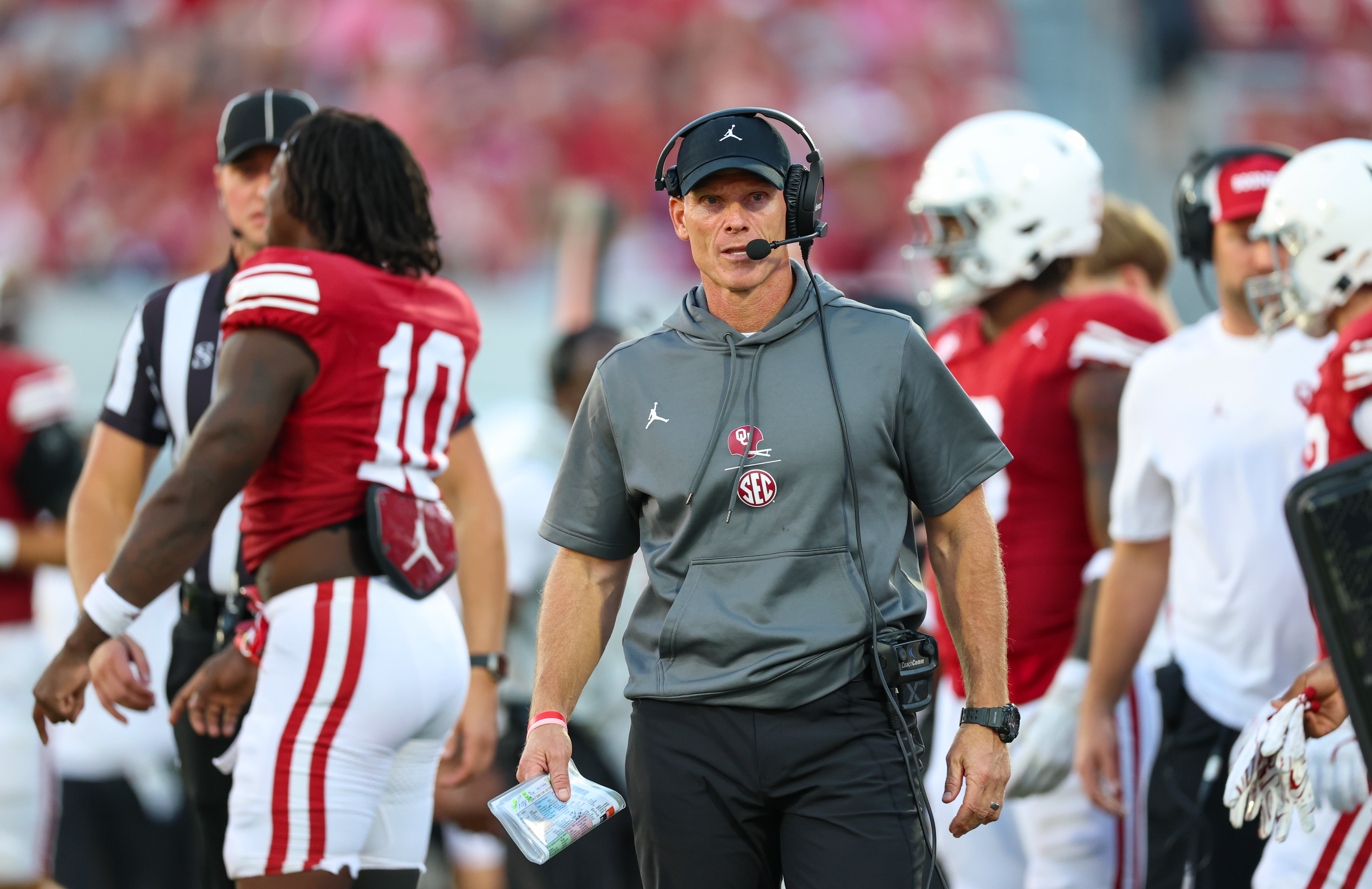 Oct 4, 2025; Norman, Oklahoma, USA; Oklahoma Sooners head coach Brent Venables looks on during the second half against the Kent State Golden Flashes at Gaylord Family-Oklahoma Memorial Stadium.