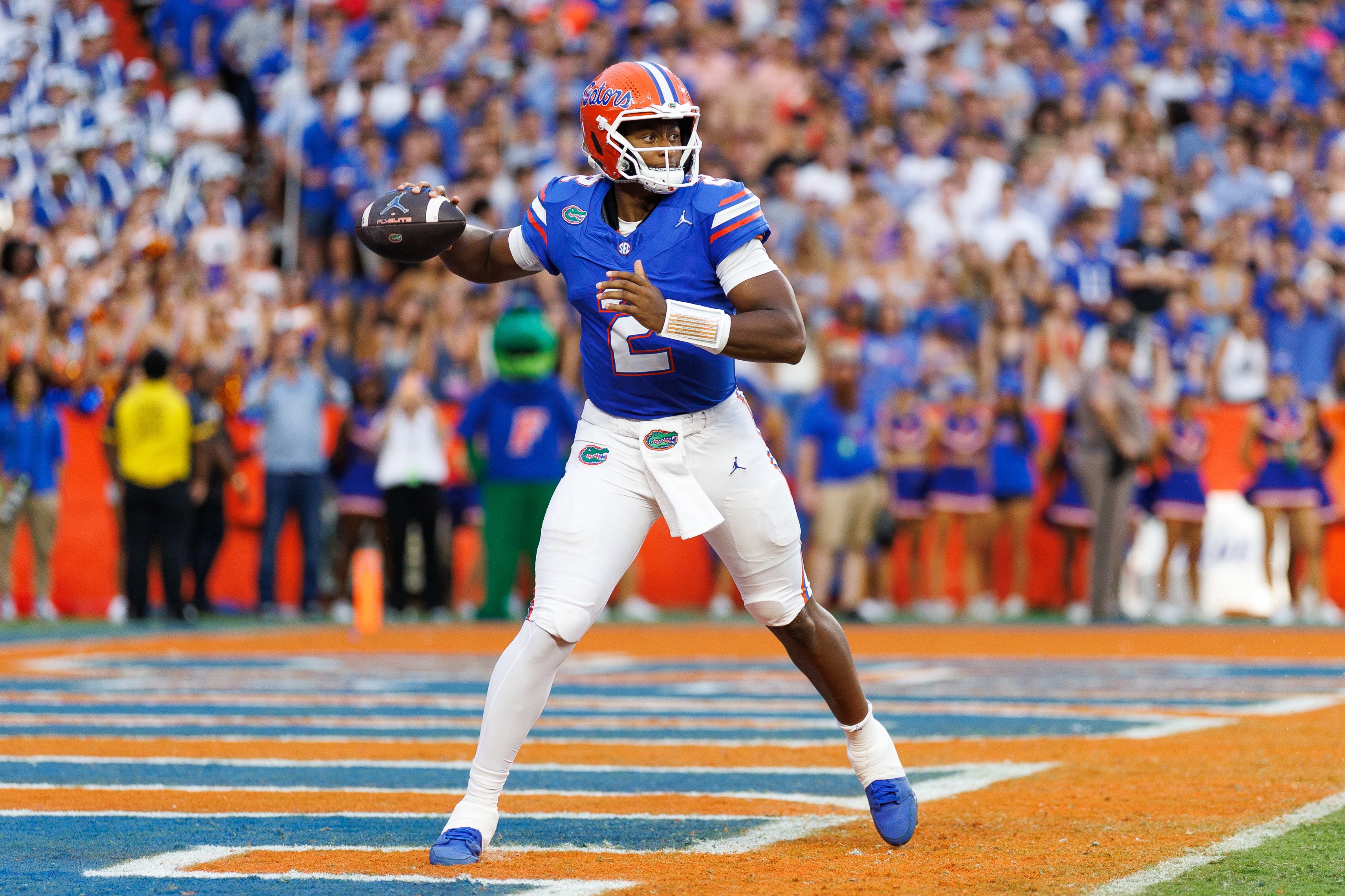 Oct 4, 2025; Gainesville, Florida, USA; Florida Gators quarterback DJ Lagway (2) throws the ball from the end zone against the Texas Longhorns during the second half at Ben Hill Griffin Stadium.