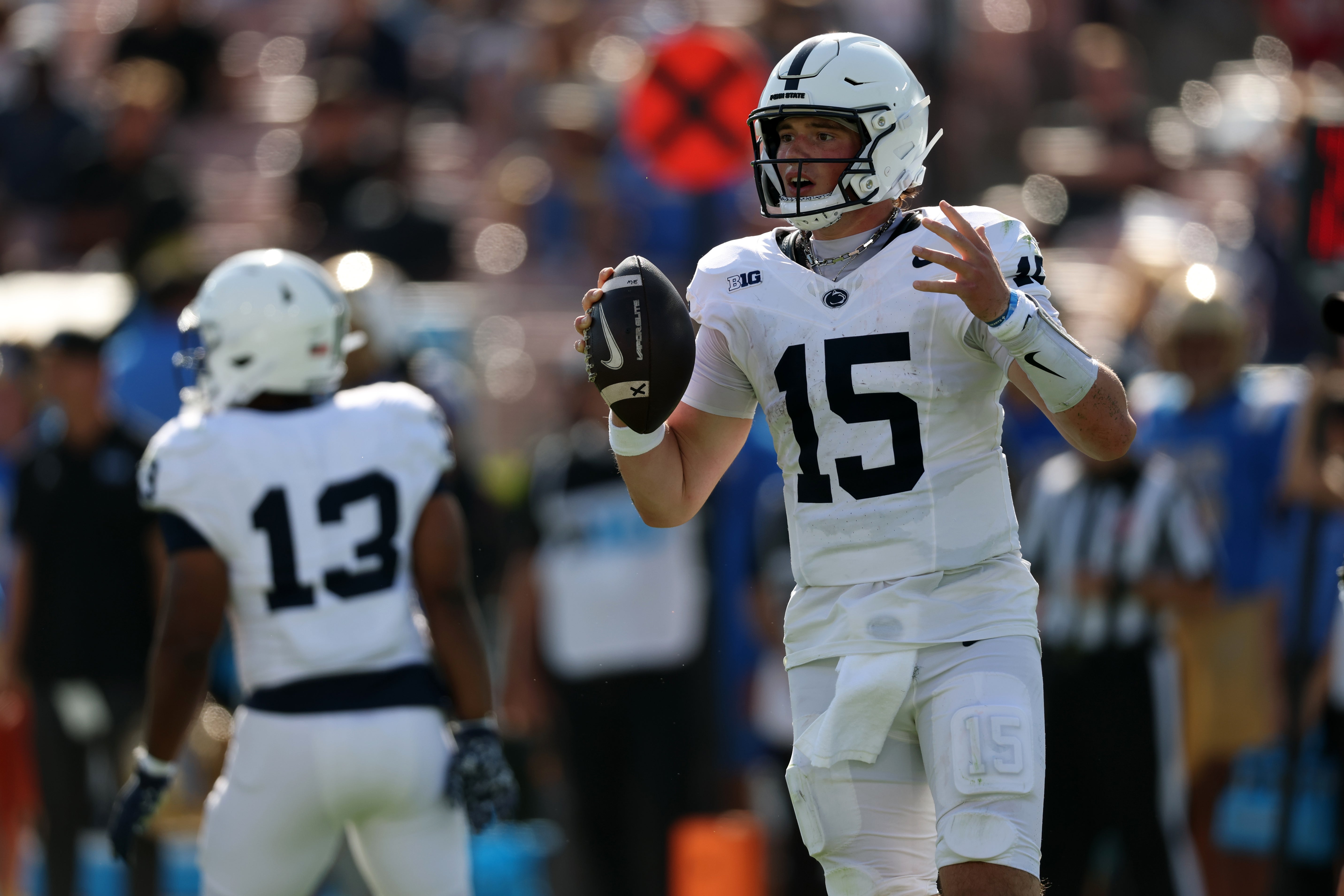Oct 4, 2025; Pasadena, California, USA; Penn State Nittany Lions quarterback Drew Allar (15) reacts to a call during the fourth quarter against the UCLA Bruins at Rose Bowl. Mandatory Credit: Kiyoshi Mio-Imagn Images
