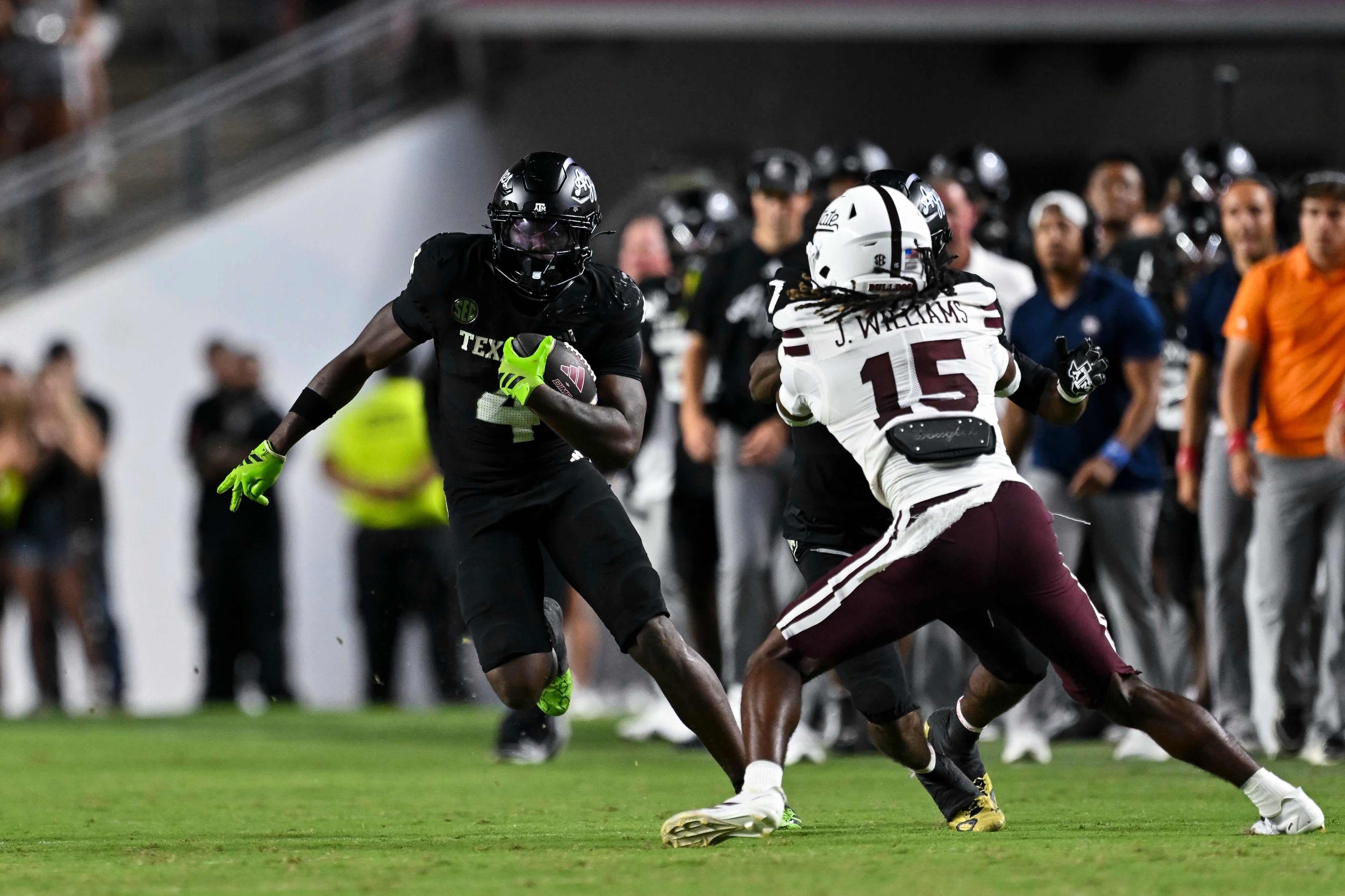 Oct 4, 2025; College Station, Texas, USA; Texas A&M Aggies running back Rueben Owens II (4) runs the ball during the third quarter against the Mississippi State Bulldogs at Kyle Field.