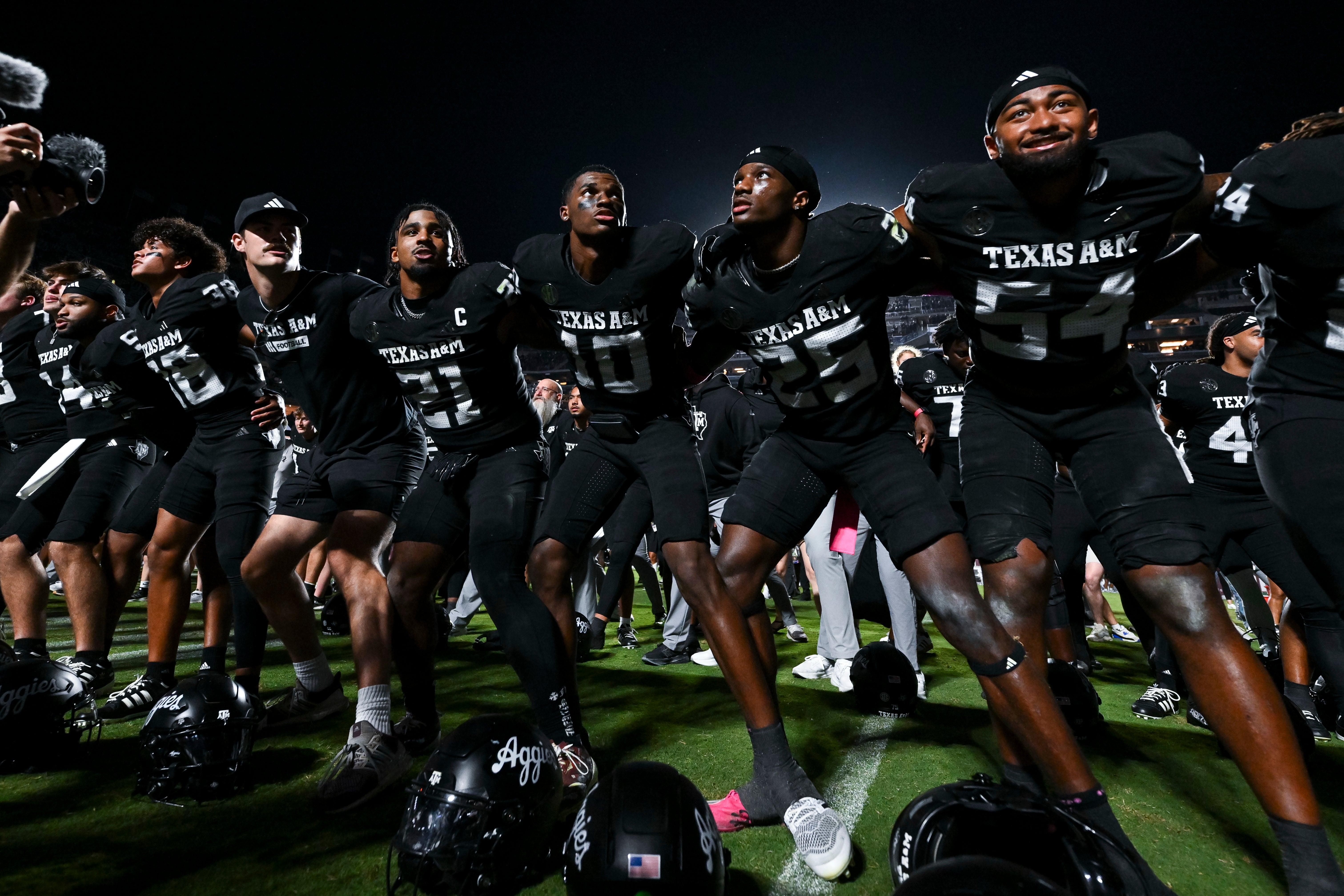 Oct 4, 2025; College Station, Texas, USA; Texas A&M Aggies quarterback Marcel Reed (10) and teammates celebrate after the win over the Mississippi State Bulldogs at Kyle Field.