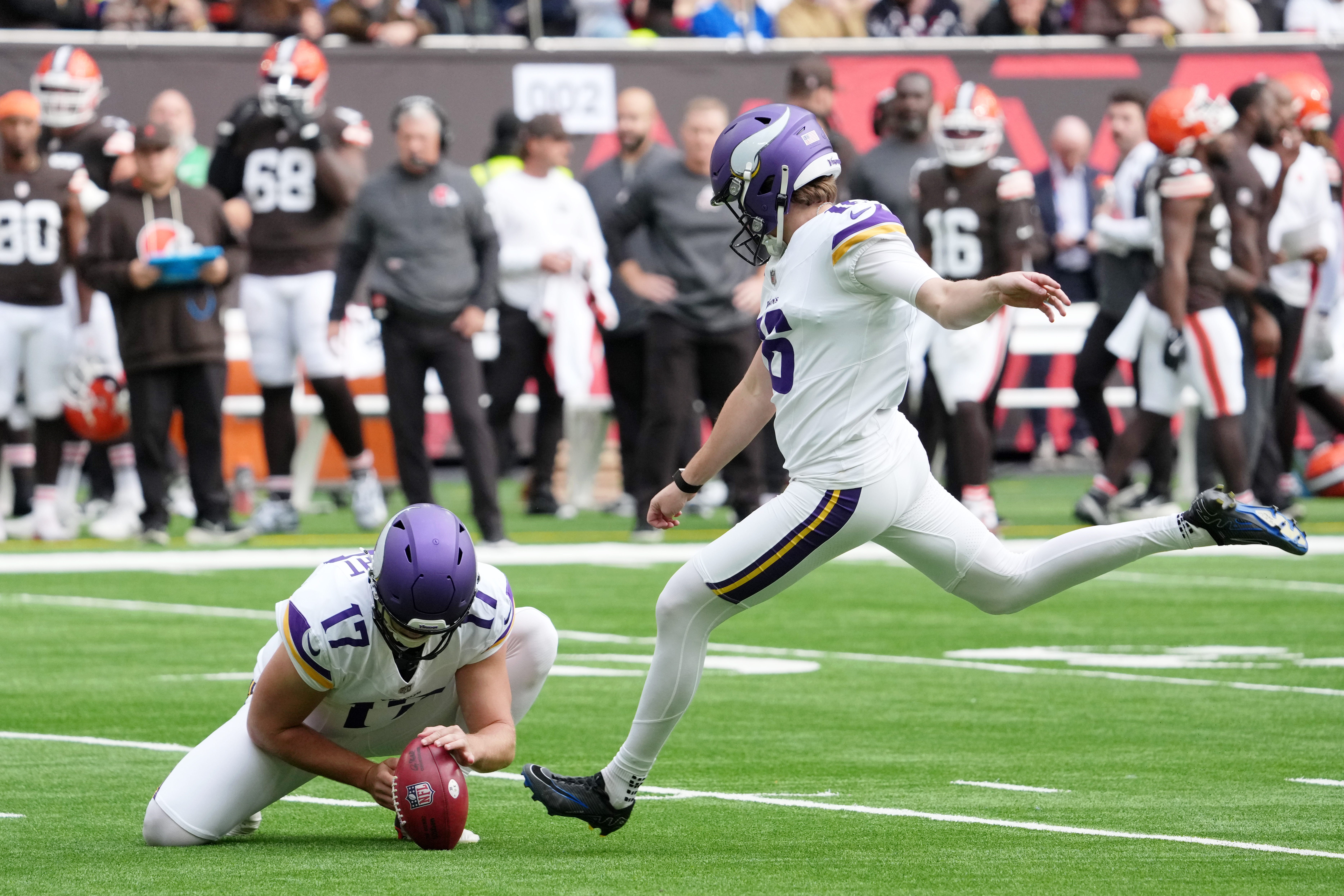 Oct 5, 2025; Tottenham, United Kingdom; Minnesota Vikings kicker Will Reichard (16) kicks a point after attempt against the Cleveland Browns during the first quarter of an NFL International Series game at Tottenham Hotspur Stadium.