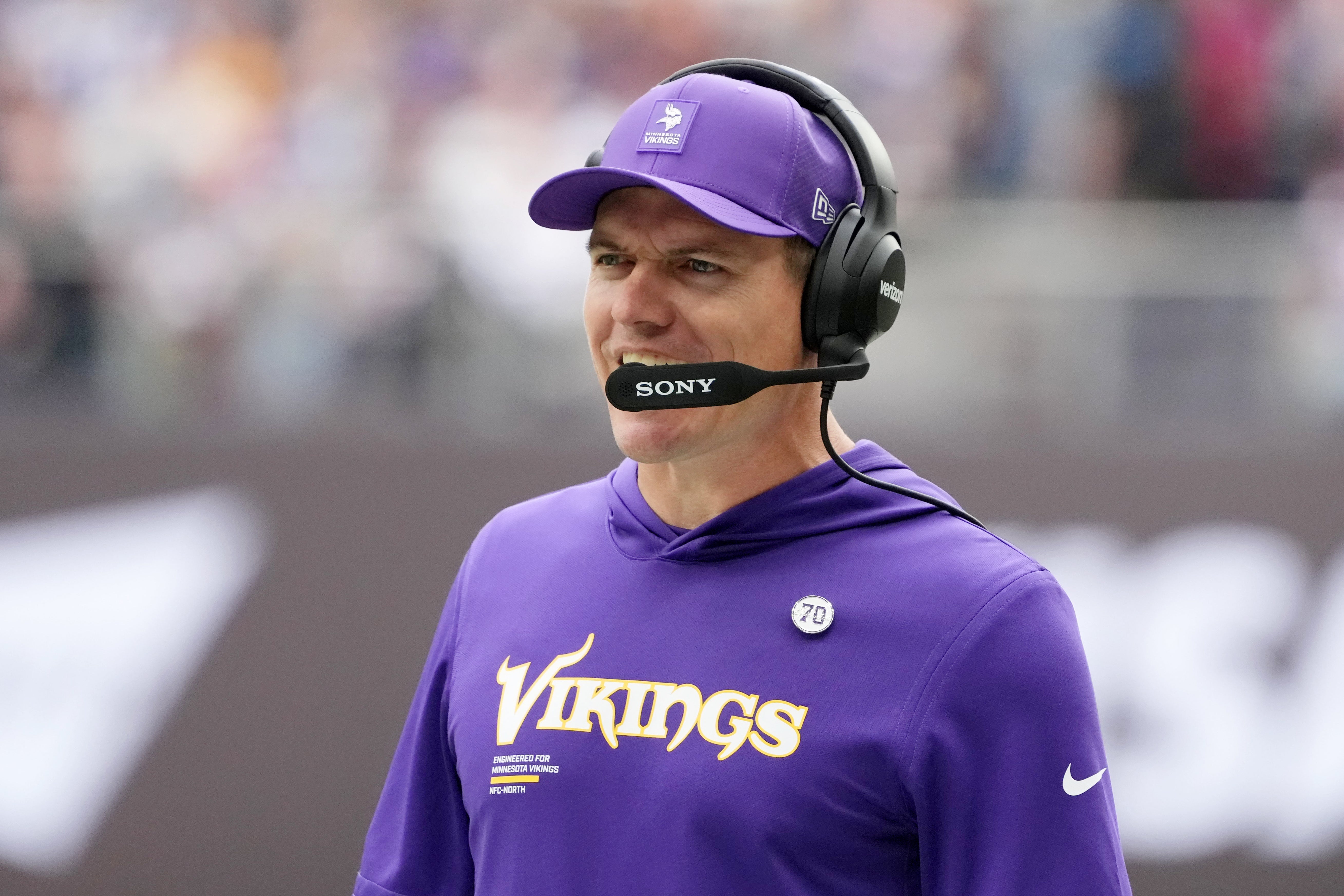 Oct 5, 2025; Tottenham, United Kingdom; Minnesota Vikings head coach Kevin O'Connell reacts after a play against the Cleveland Browns during the second quarter of an NFL International Series game at Tottenham Hotspur Stadium.