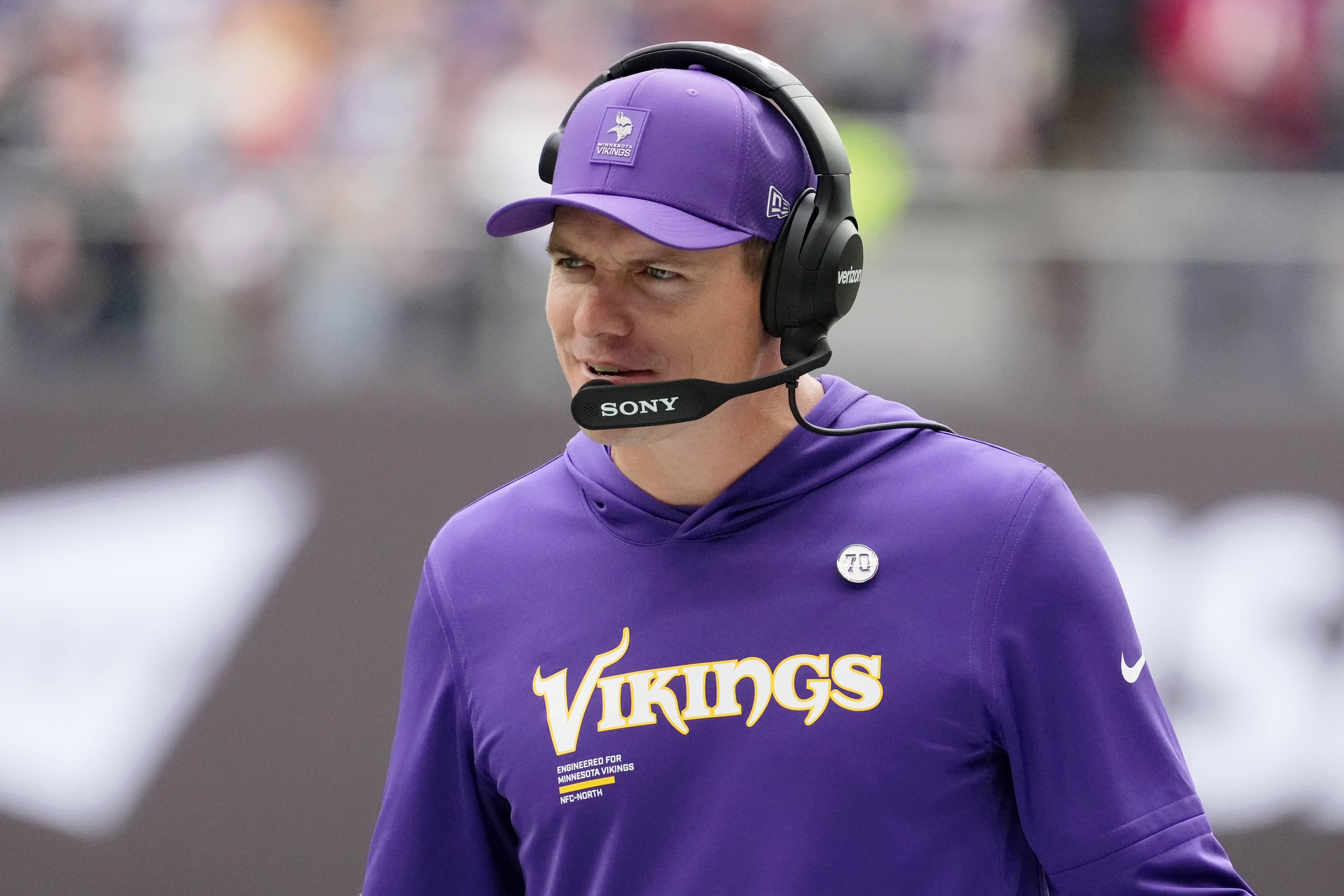 Oct 5, 2025; Tottenham, United Kingdom; Minnesota Vikings head coach Kevin O'Connell reacts after a play against the Cleveland Browns during the second quarter of an NFL International Series game at Tottenham Hotspur Stadium.
