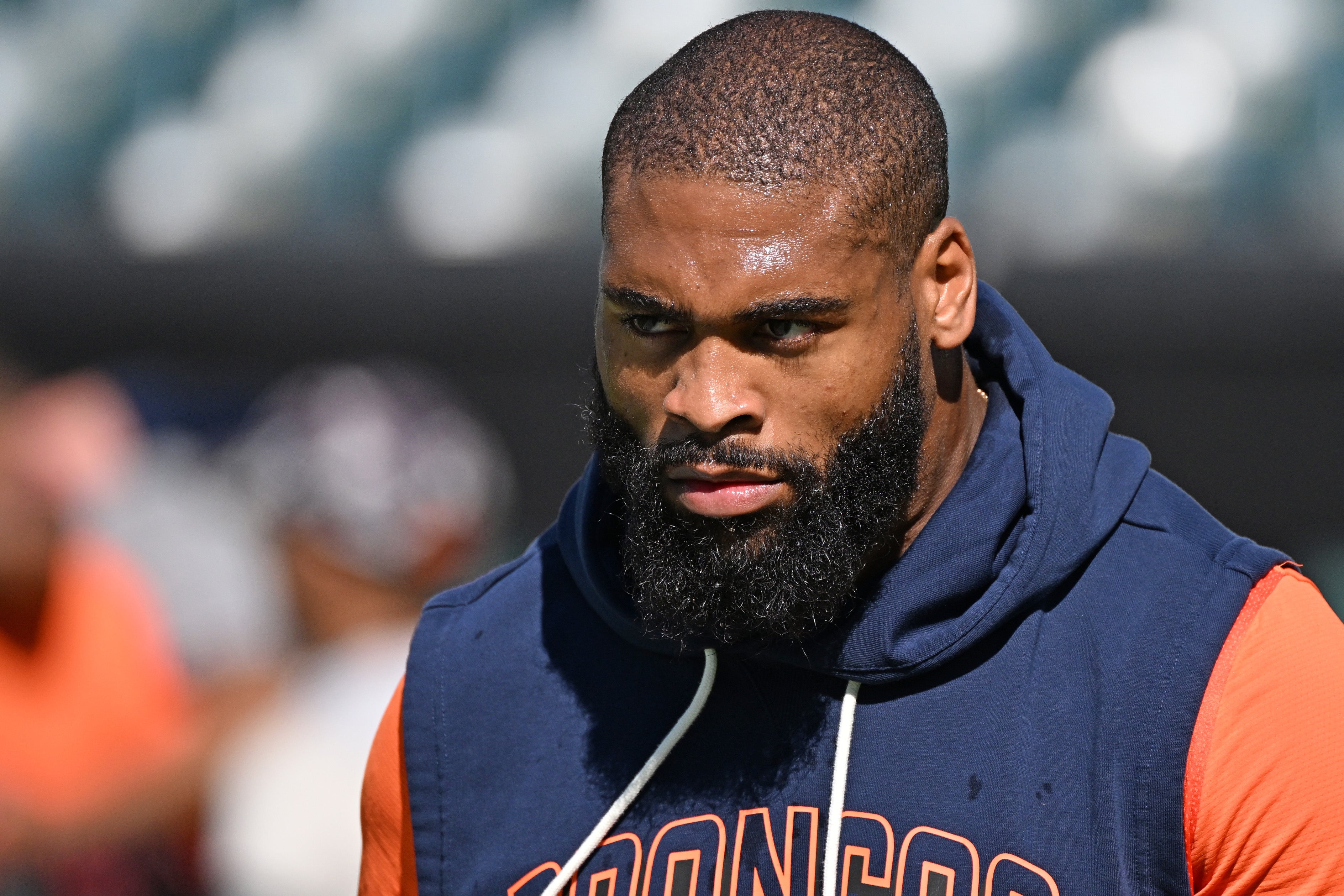 Oct 5, 2025; Philadelphia, Pennsylvania, USA; Denver Broncos linebacker Jonathon Cooper (0) during warmups against the Philadelphia Eagles at Lincoln Financial Field.