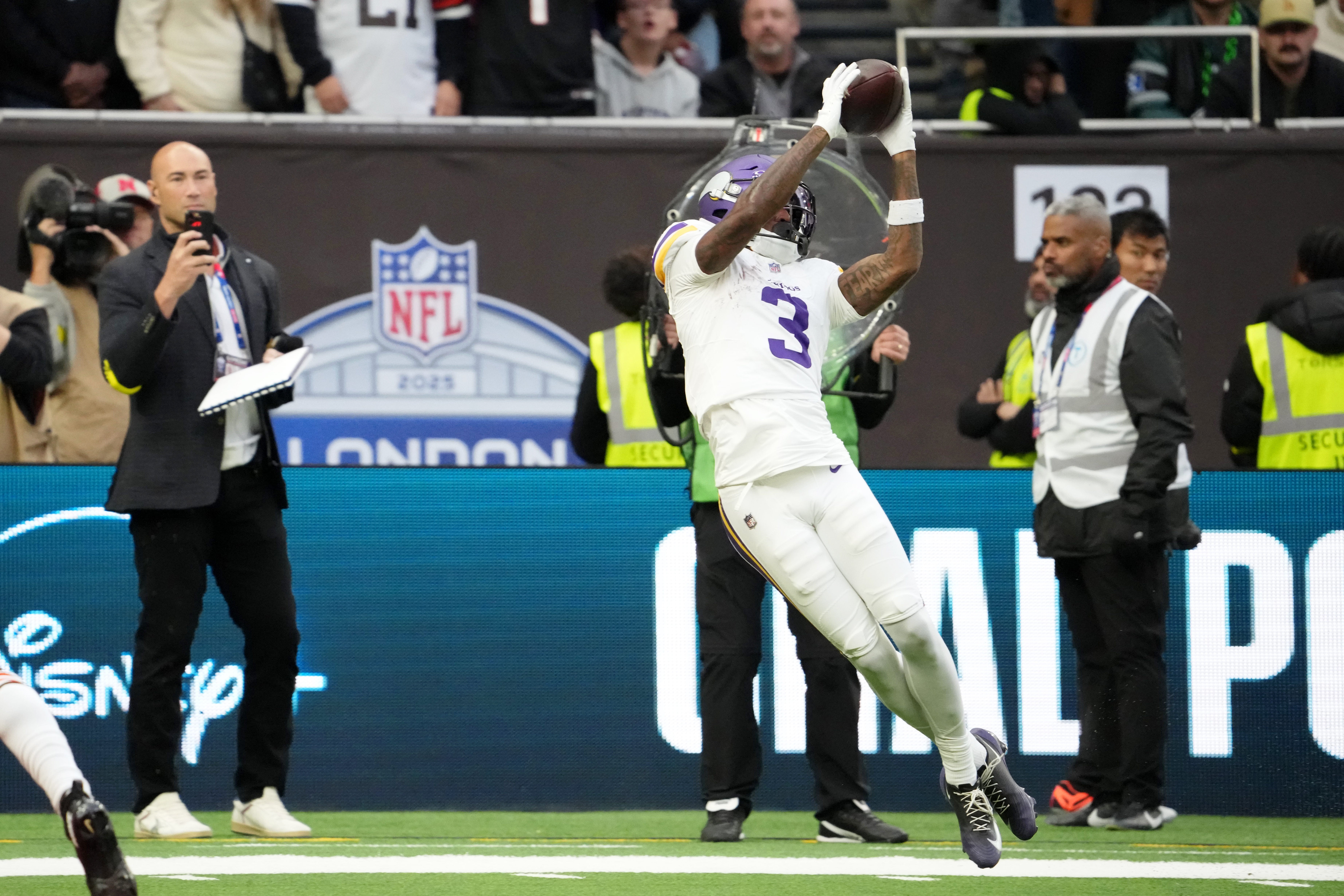 Oct 5, 2025; Tottenham, United Kingdom; Minnesota Vikings wide receiver Jordan Addison (3) makes a catch for a touchdown against the Cleveland Browns during the fourth quarter of an NFL International Series game at Tottenham Hotspur Stadium.
