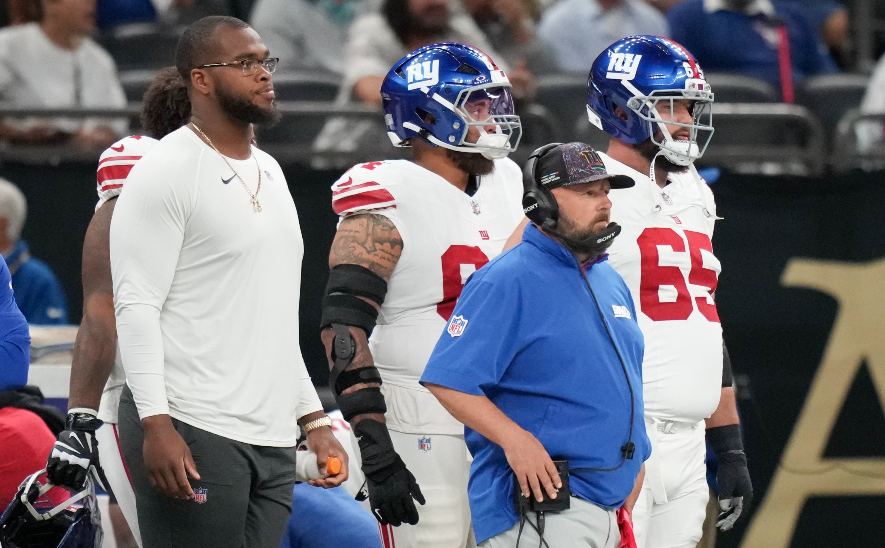 Oct 5, 2025; New Orleans, Louisiana, USA; New York Giants head coach Brian Daboll watches from the sideline against the New Orleans Saints during the second quarter at Caesars Superdome.