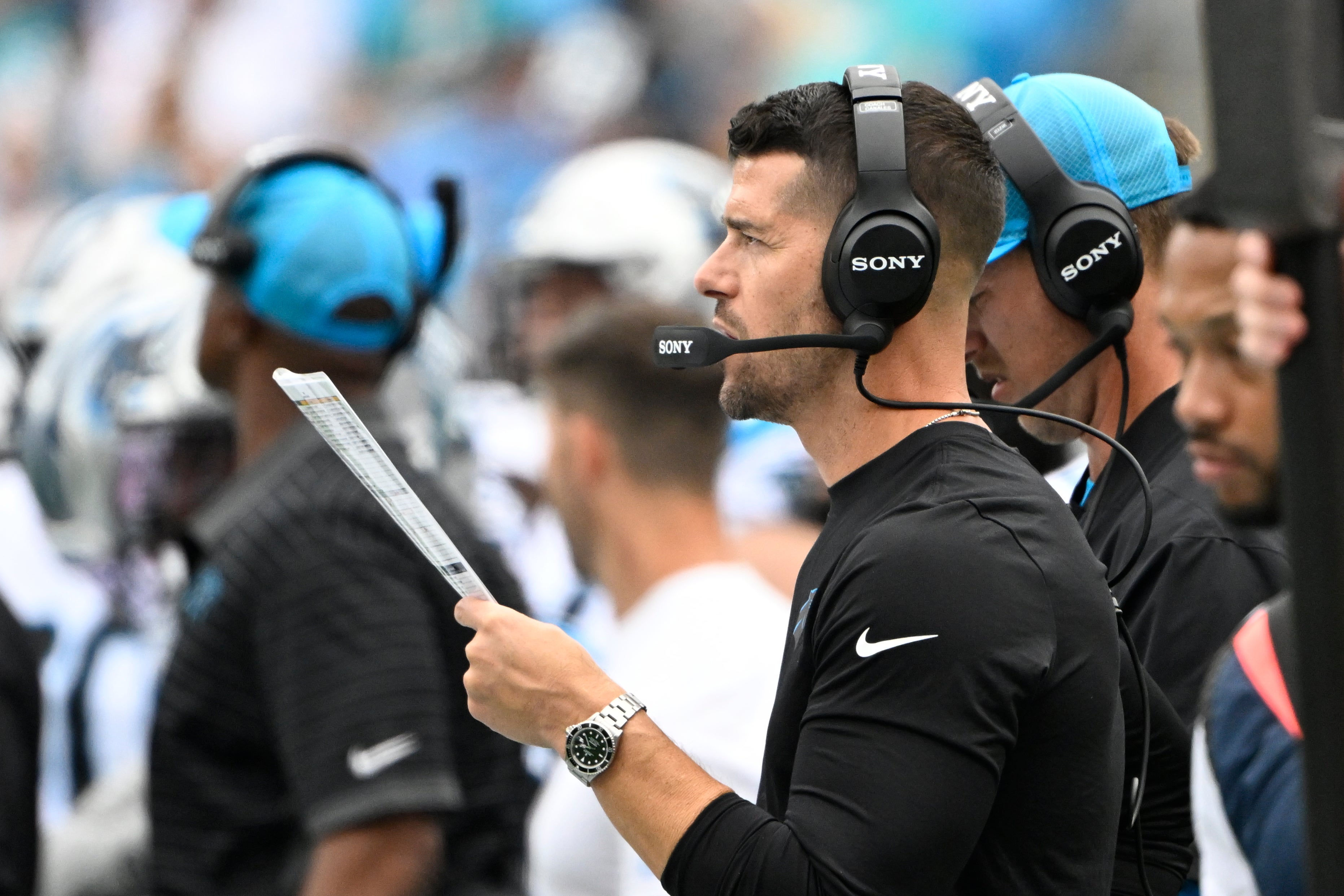 Oct 5, 2025; Charlotte, North Carolina, USA; Carolina Panthers head coach Dave Canales on the sidelines in the second quarter at Bank of America Stadium.