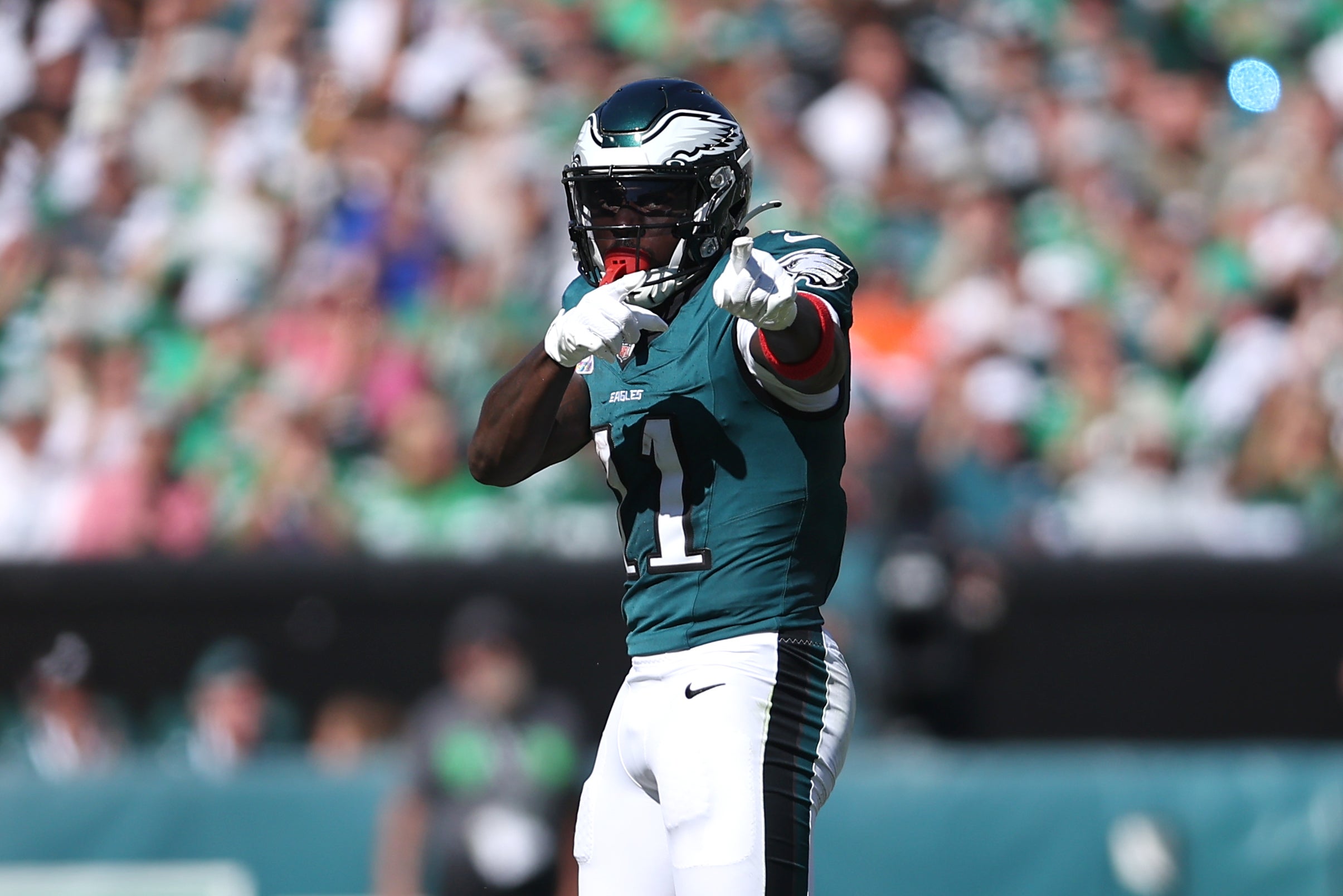 Oct 5, 2025; Philadelphia, Pennsylvania, USA; Philadelphia Eagles wide receiver A.J. Brown (11) reacts after a catch against the Denver Broncos in the second quarter at Lincoln Financial Field.