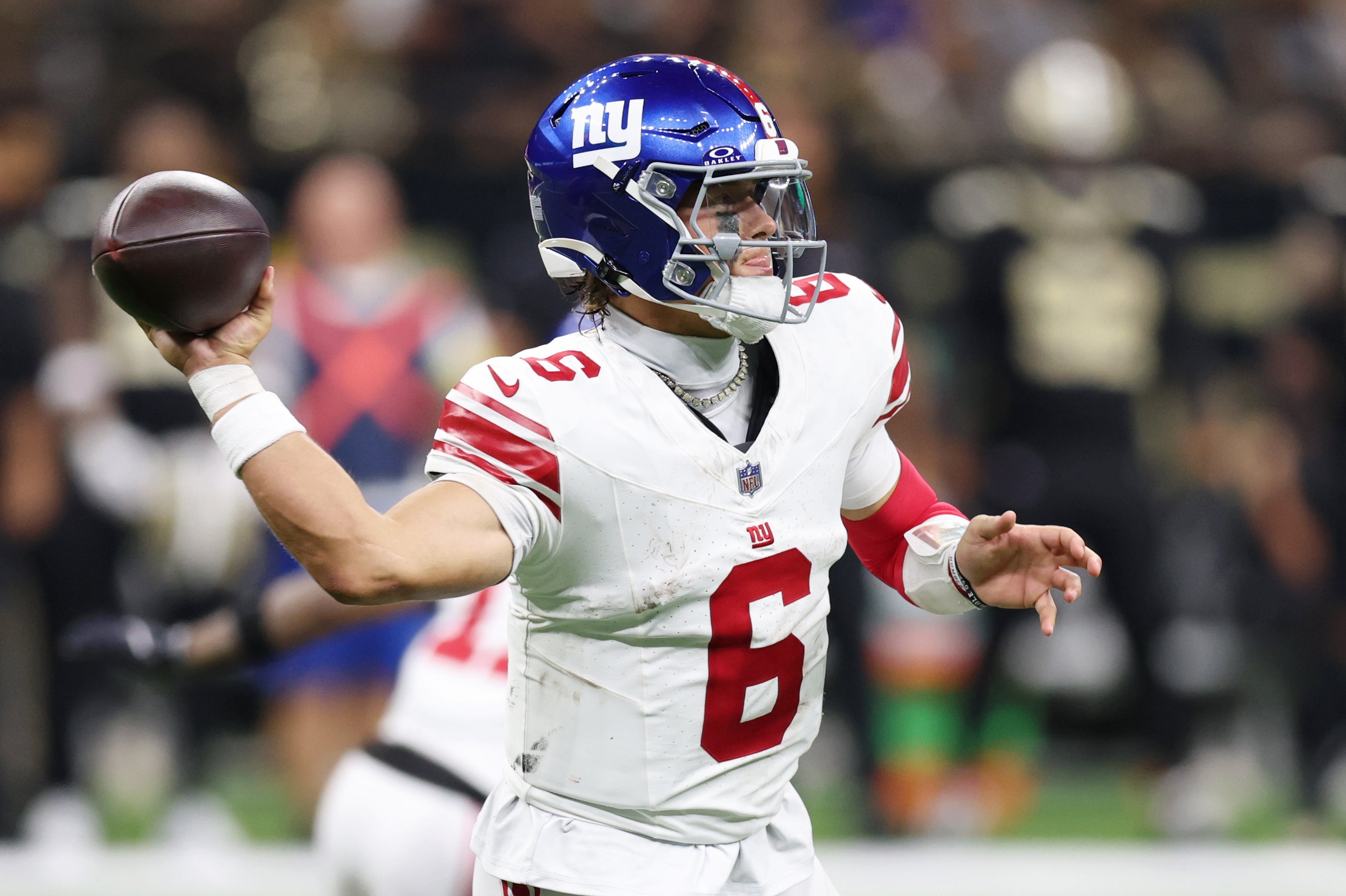 Oct 5, 2025; New Orleans, Louisiana, USA; New York Giants quarterback Jaxson Dart (6) passes the ball against the New Orleans Saints during the first half at Caesars Superdome.