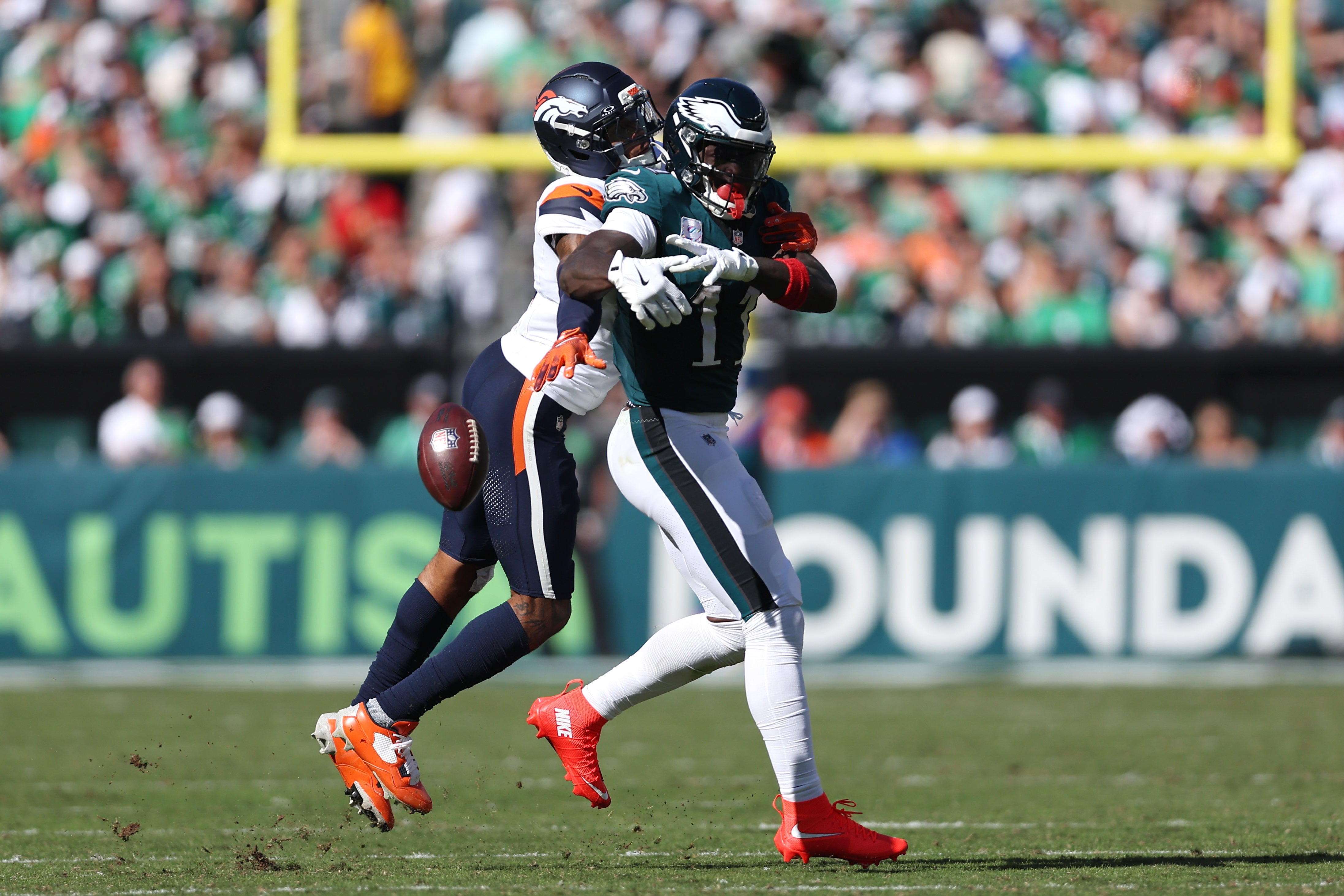 Denver Broncos cornerback Pat Surtain II (2) breaks up a pass against Philadelphia Eagles wide receiver A.J. Brown (11) in the second half at Lincoln Financial Field.
