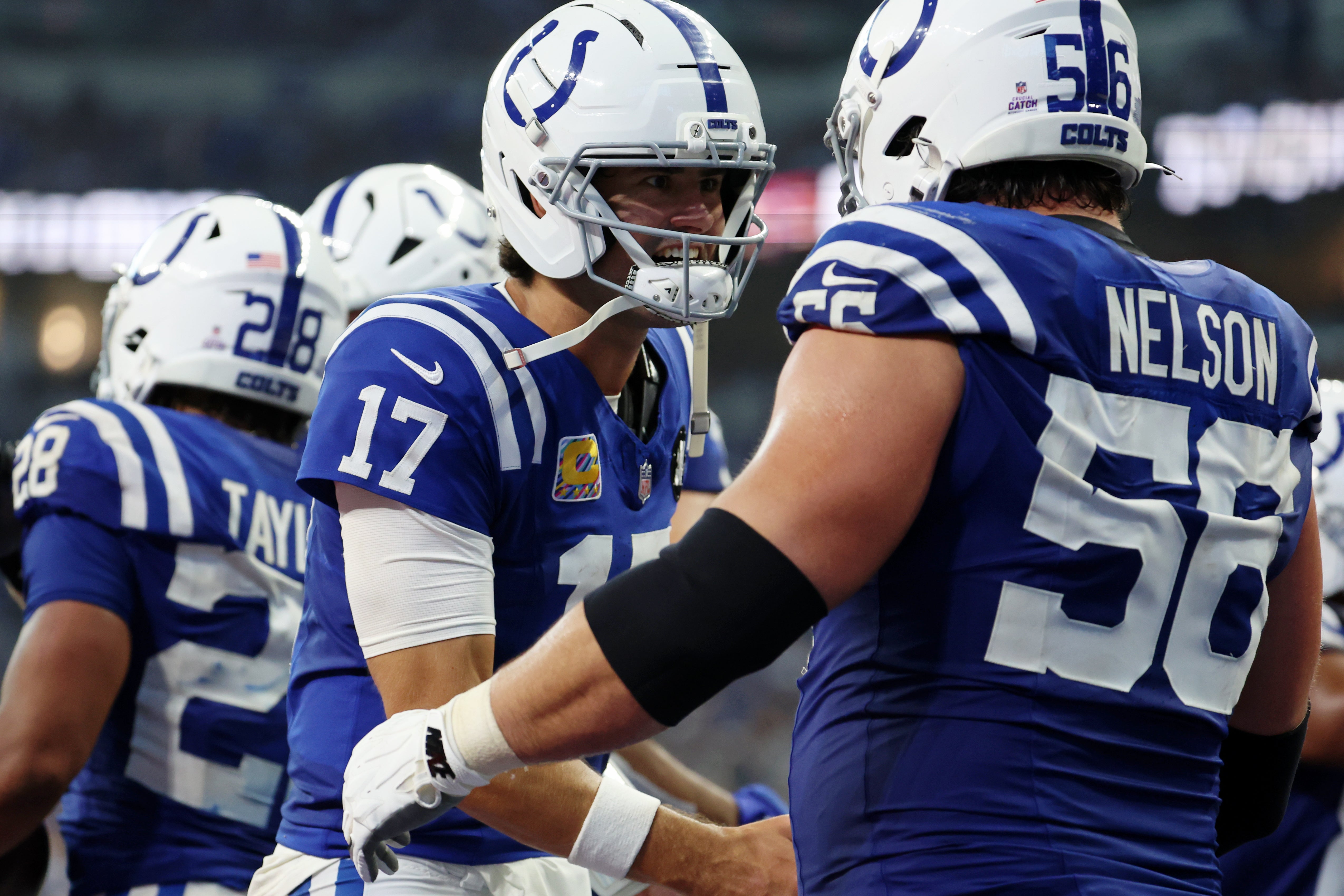 Colts QB Daniel Jones and LG Quenton Nelson celebrate after touchdown