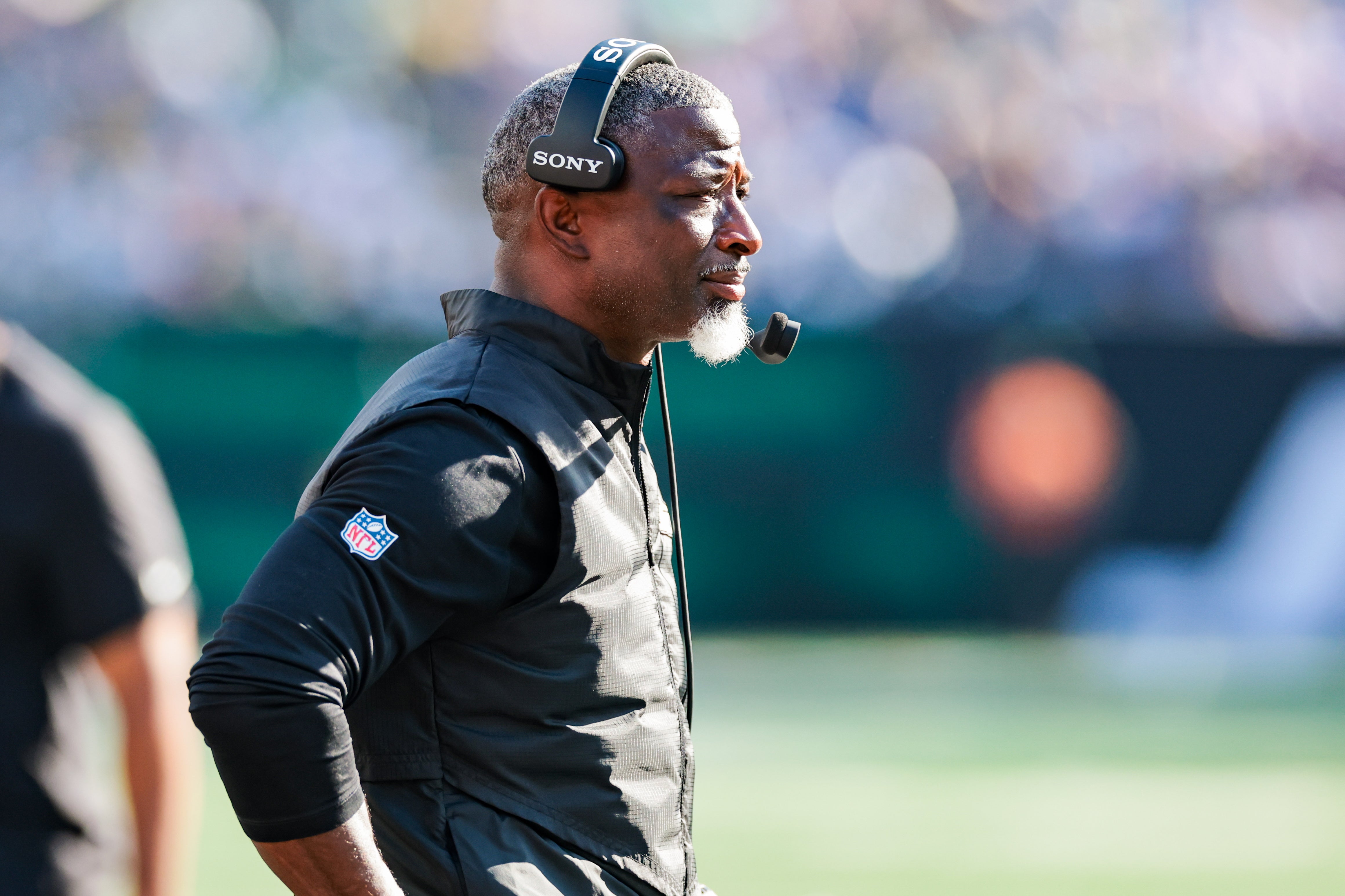Oct 5, 2025; East Rutherford, New Jersey, USA; New York Jets head coach Aaron Glenn on the sidelines during the second half Dallas Cowboys at MetLife Stadium.