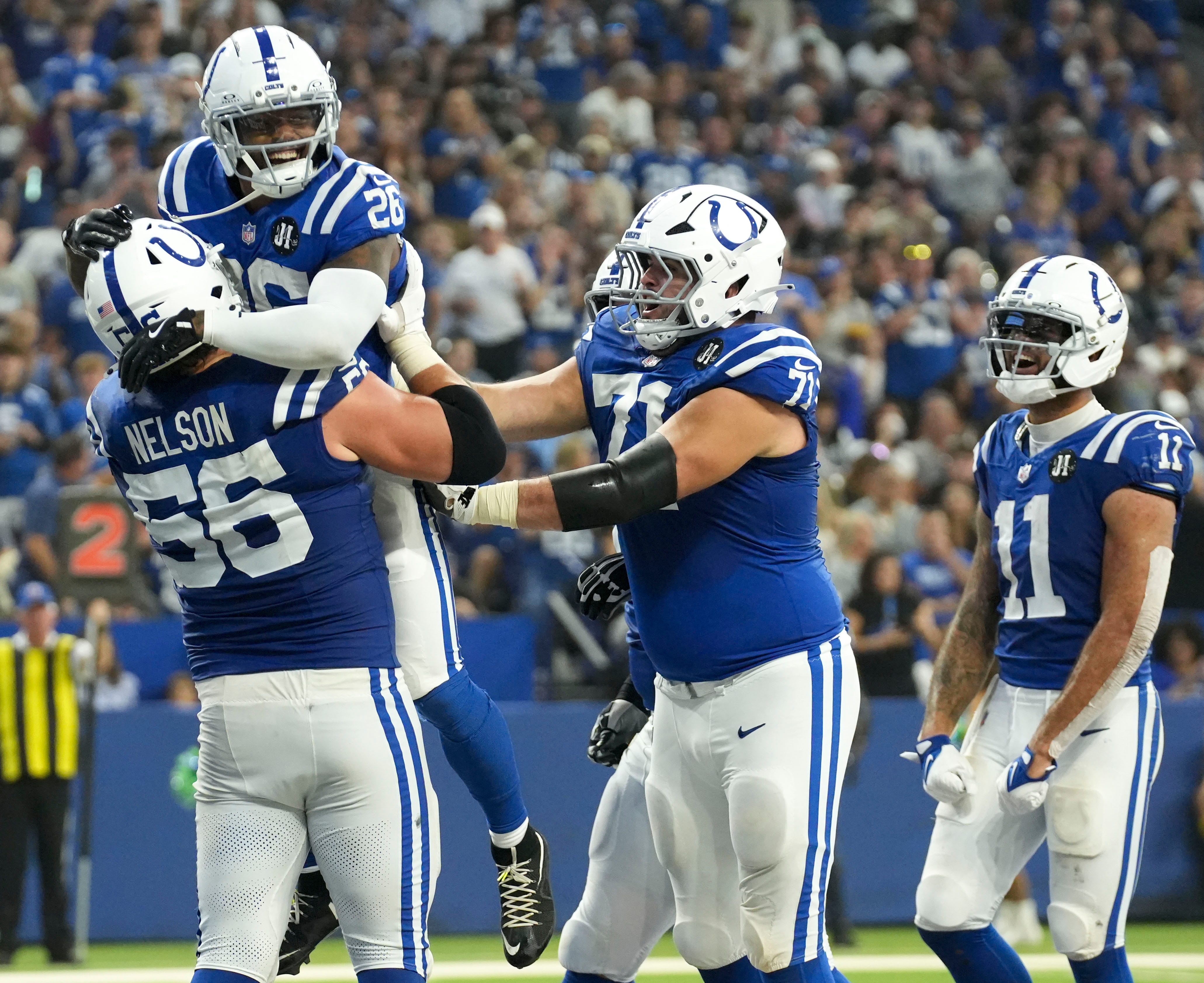 Colts celebrate a touchdown in Week 5 vs. Raiders