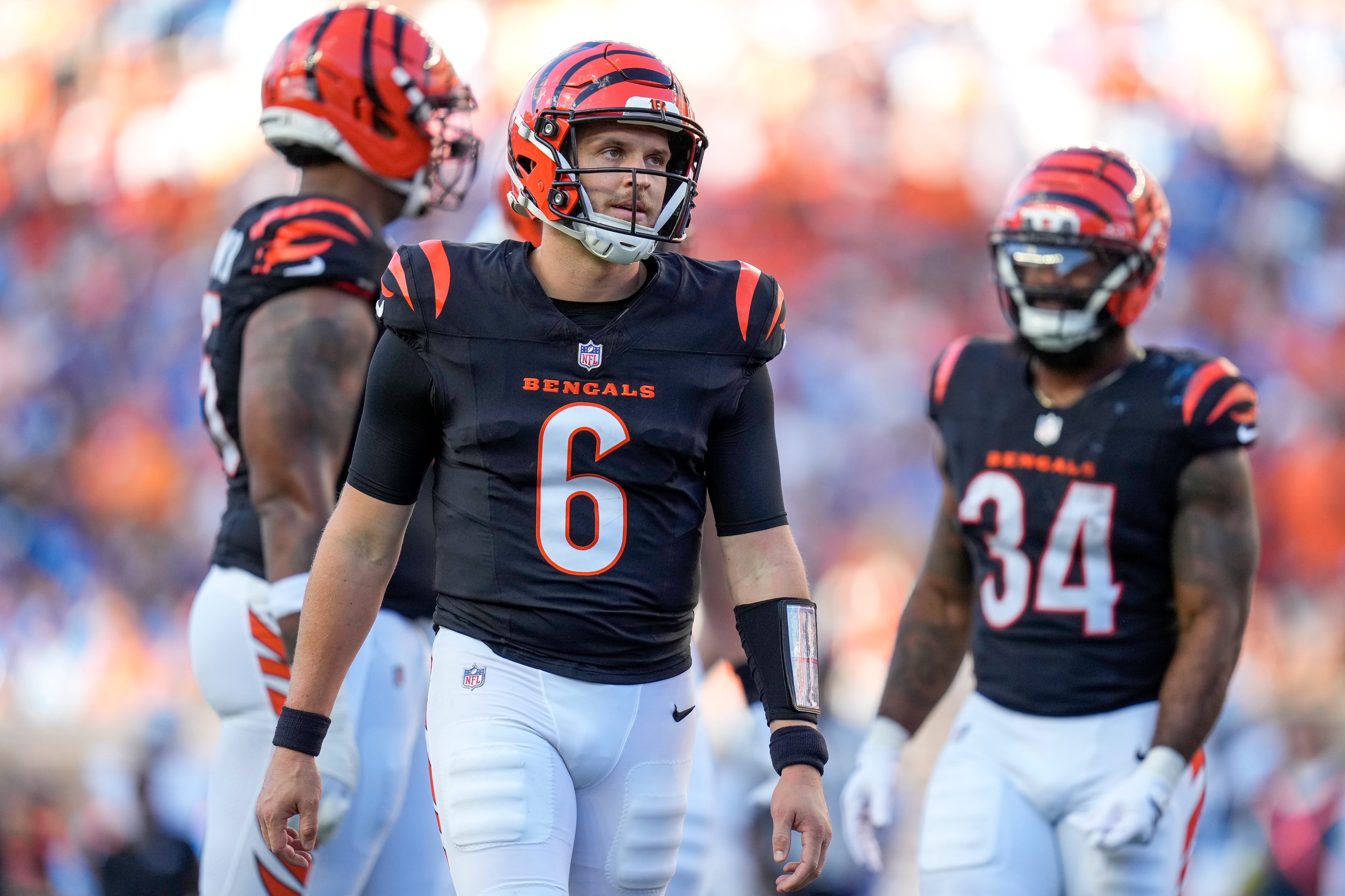 Cincinnati Bengals quarterback Jake Browning (6) reacts to a false start penalty in the second quarter of the NFL Week 5 game between the Cincinnati Bengals and the Detroit Lions at Paycor Stadium in downtown Cincinnati on Sunday, Oct. 5, 2025.