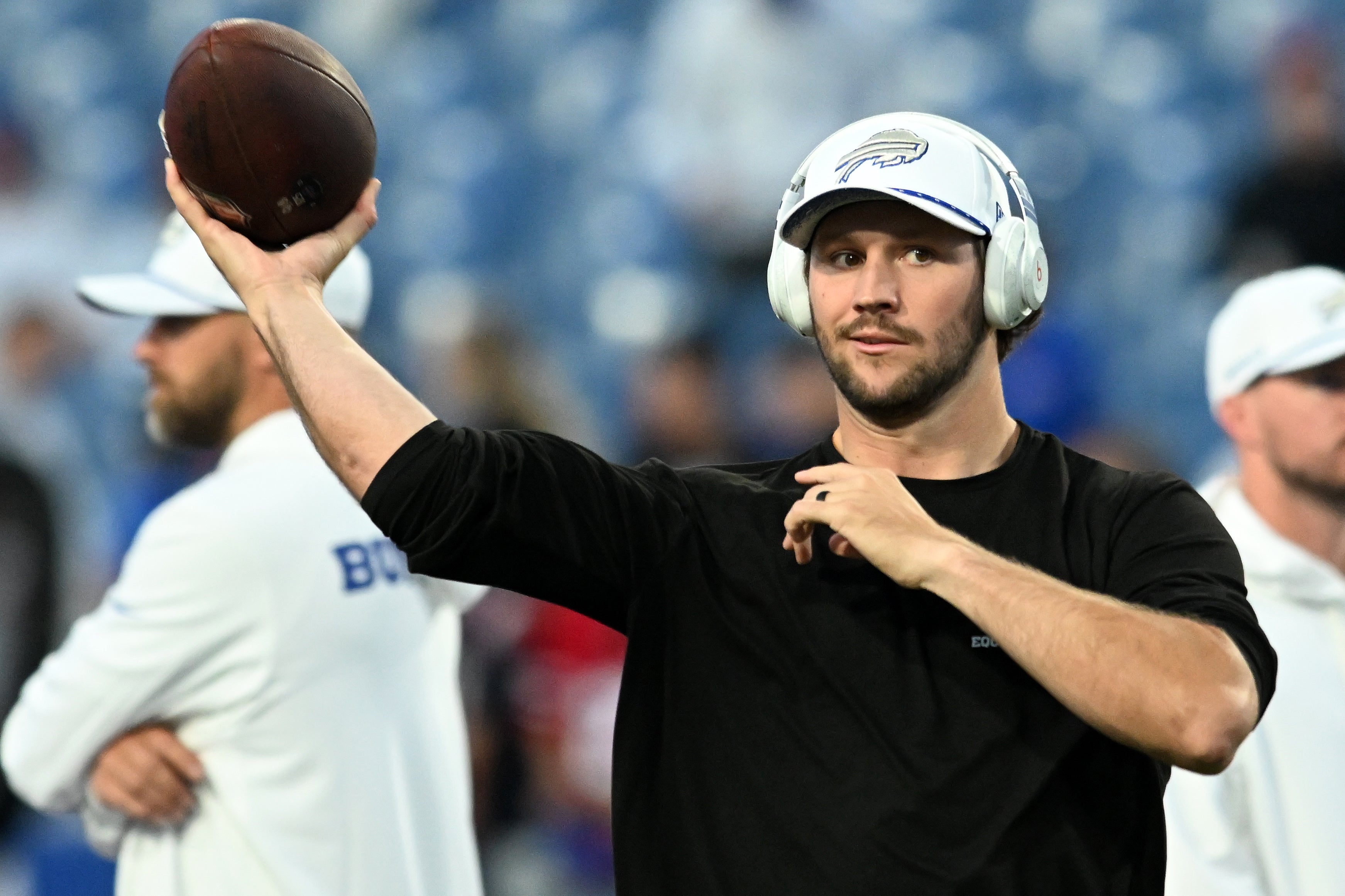 Oct 5, 2025; Orchard Park, New York, USA; Buffalo Bills quarterback Josh Allen (17) practices before the game against the New England Patriots at Highmark Stadium.