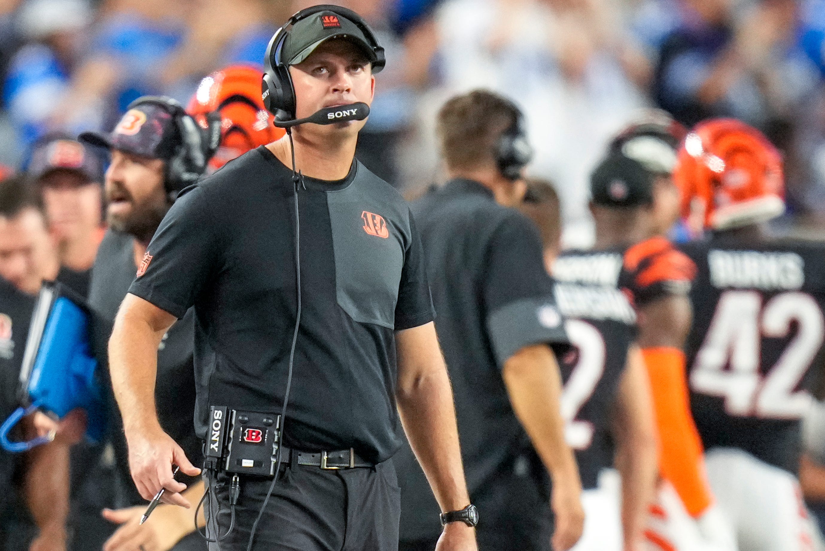 Cincinnati Bengals head coach Zac Taylor watches the video board after Jake Browning is sacked for a safety in the fourth quarter of the NFL Week 5 game between the Cincinnati Bengals and the Detroit Lions at Paycor Stadium in downtown Cincinnati on Sunday, Oct. 5, 2025. The Bengals continued a losing streak, falling 37-24 to the Lions.