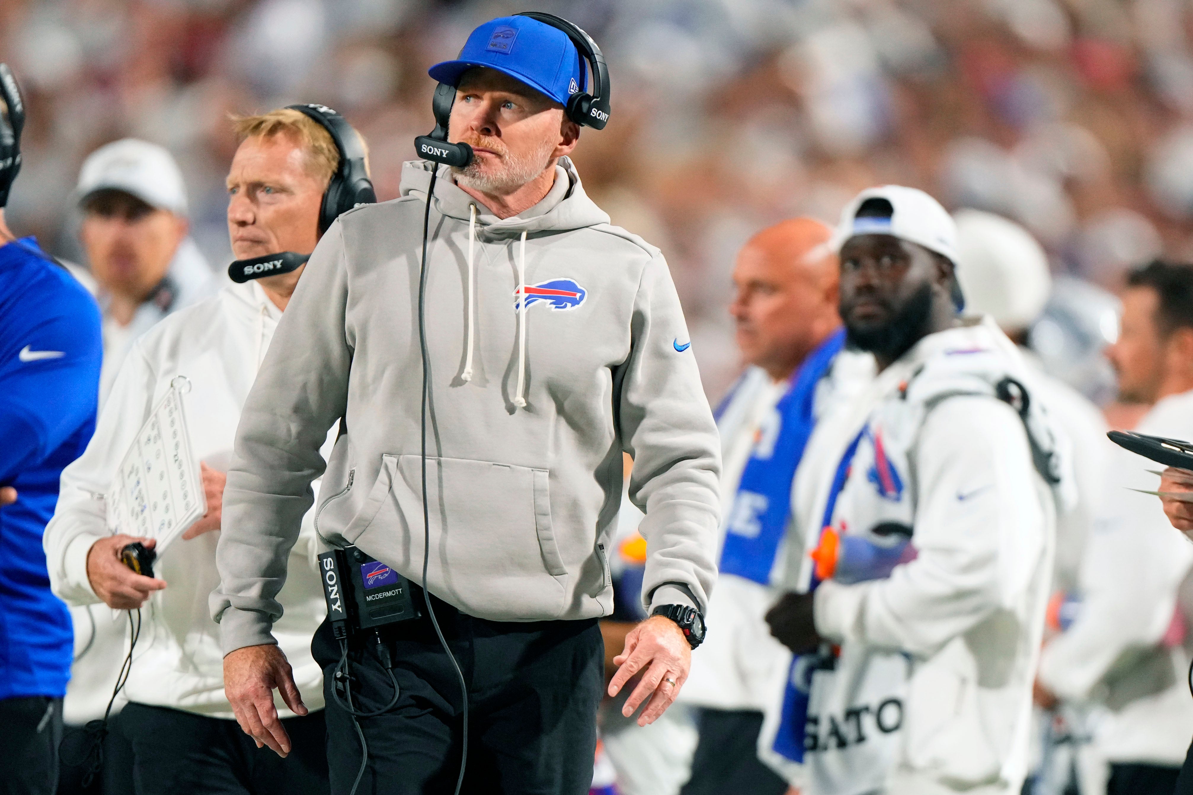 Oct 5, 2025; Orchard Park, New York, USA; Buffalo Bills head coach Sean McDermott during the first half