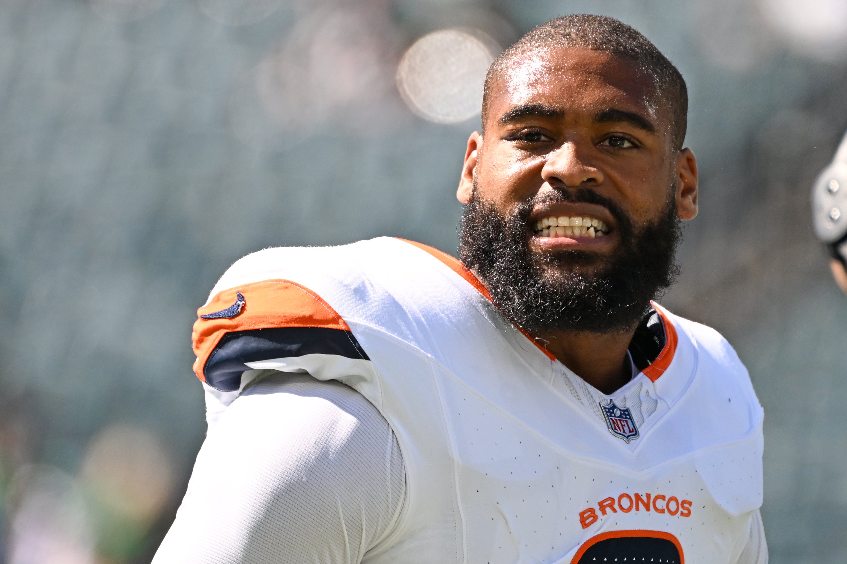 Oct 5, 2025; Philadelphia, Pennsylvania, USA; Denver Broncos linebacker Jonathon Cooper (0) during warmups against the Philadelphia Eagles at Lincoln Financial Field.