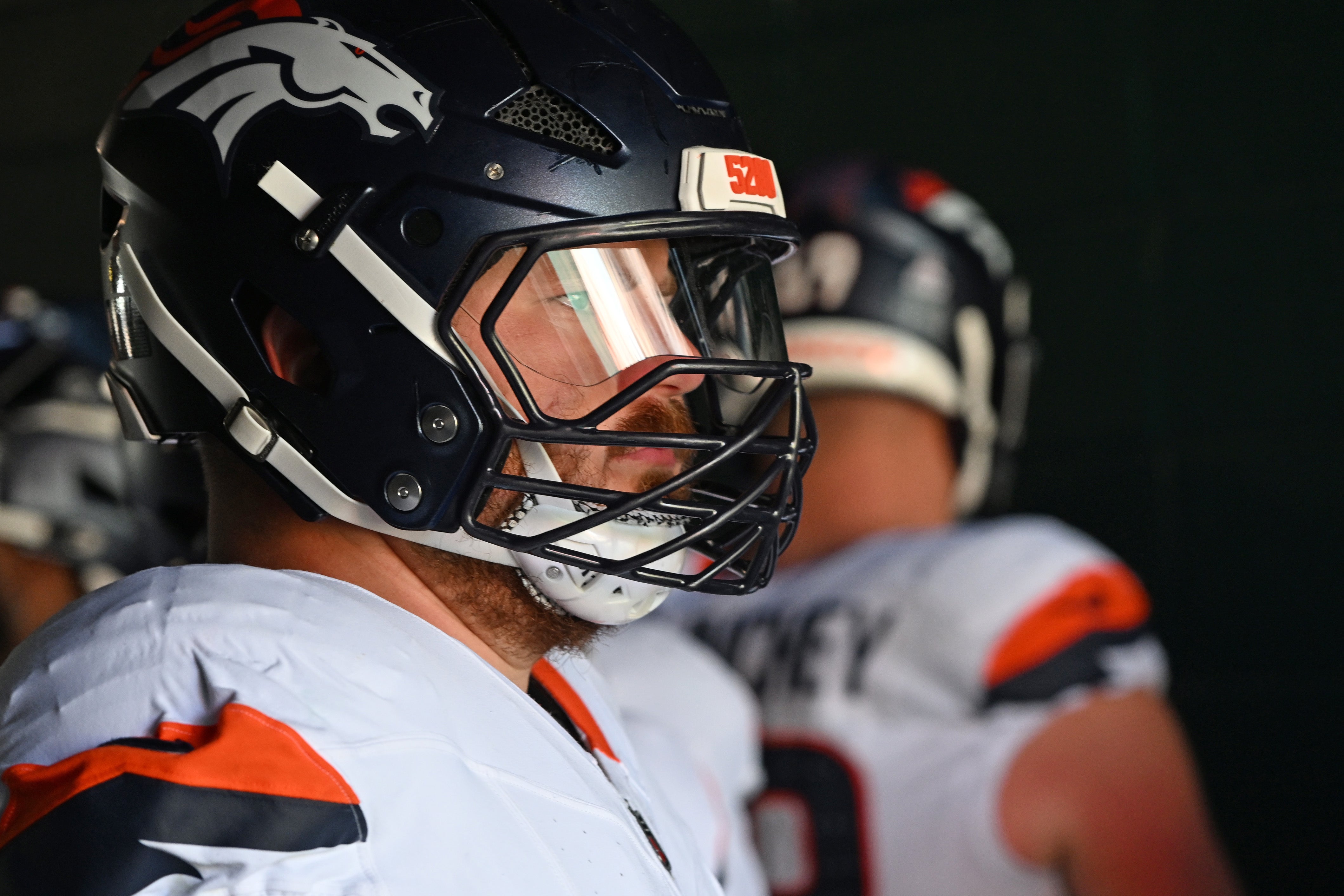 Oct 5, 2025; Philadelphia, Pennsylvania, USA; Denver Broncos guard Ben Powers (74) in the tunnel before game against the Philadelphia Eagles at Lincoln Financial Field.