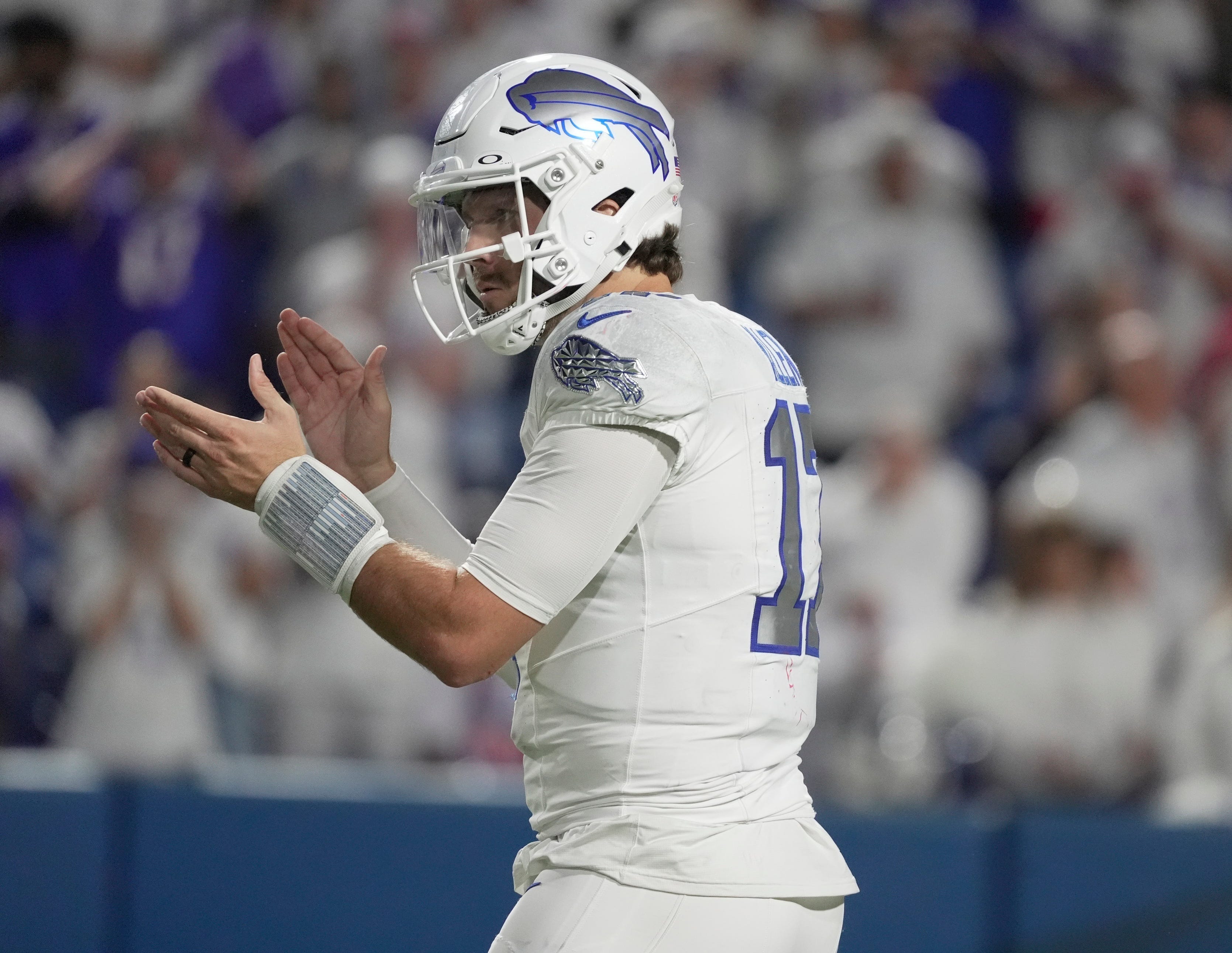 Buffalo Bills quarterback Josh Allen rallies the offense as play starts in the final seconds of the fourth quarter at Highmark Stadium in Orchard Park on Oct. 5, 2025. The Bills could not rally to win.