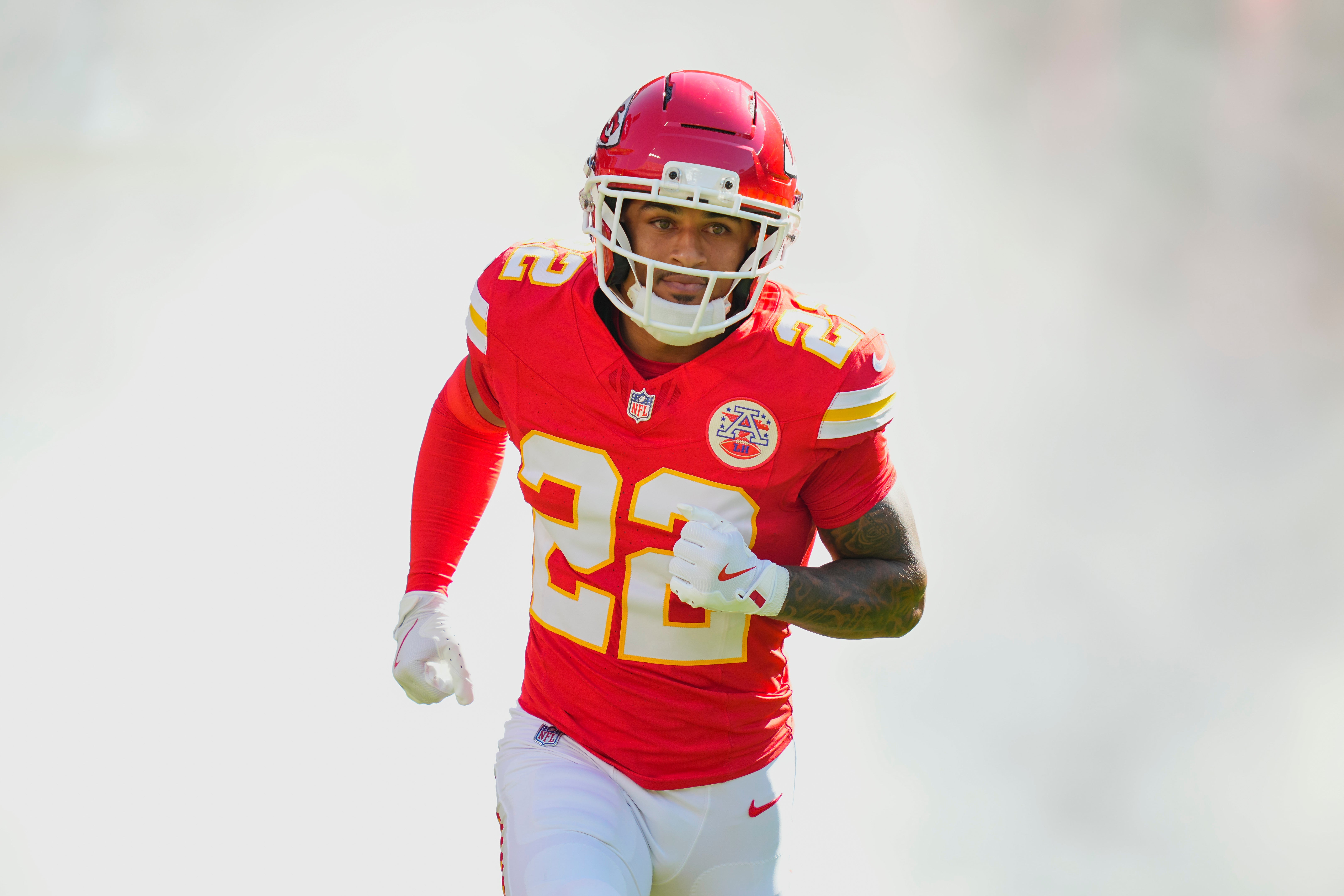 Kansas City Chiefs cornerback Trent McDuffie (22) takes the field prior to a game
