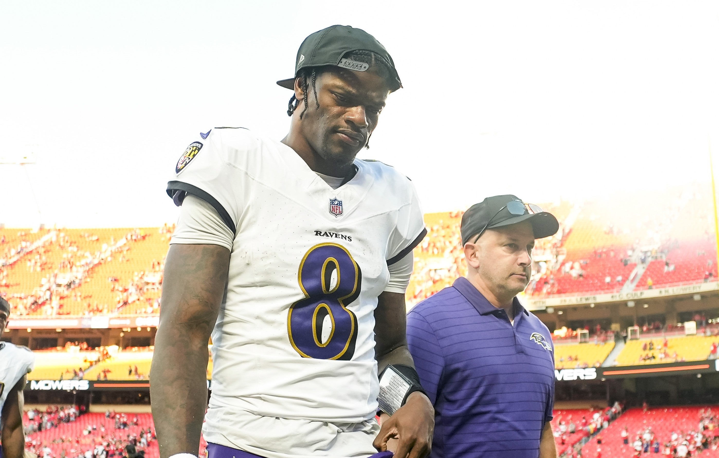 Sep 28, 2025; Kansas City, Missouri, USA; Baltimore Ravens quarterback Lamar Jackson (8) leaves the field after a game against the Kansas City Chiefs at GEHA Field at Arrowhead Stadium.