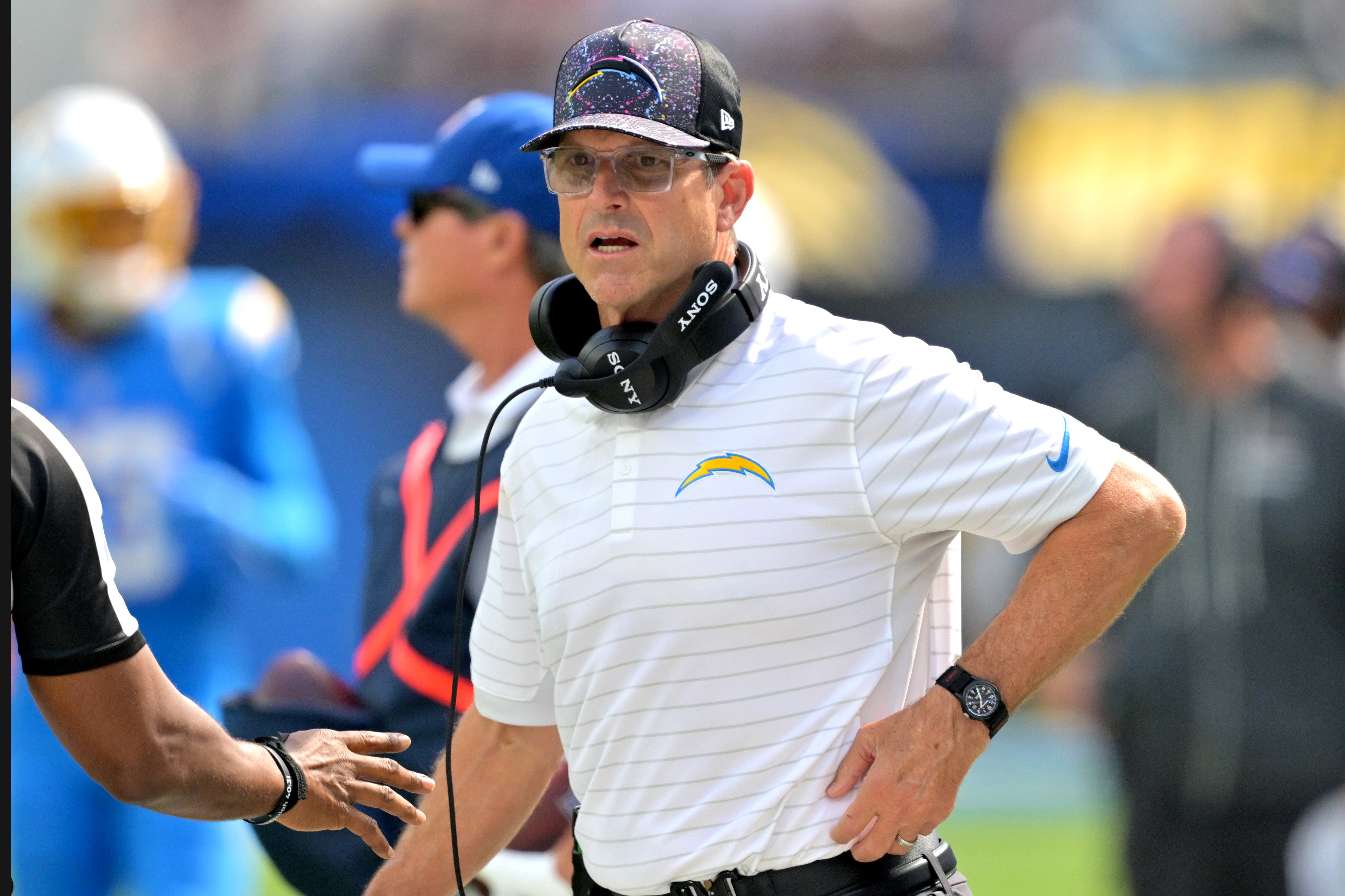 Oct 5, 2025; Inglewood, California, USA; Los Angeles Chargers head coach Jim Harbaugh looks on in the first half against the Washington Commanders at SoFi Stadium. Mandatory Credit: Jayne Kamin-Oncea-Imagn Images