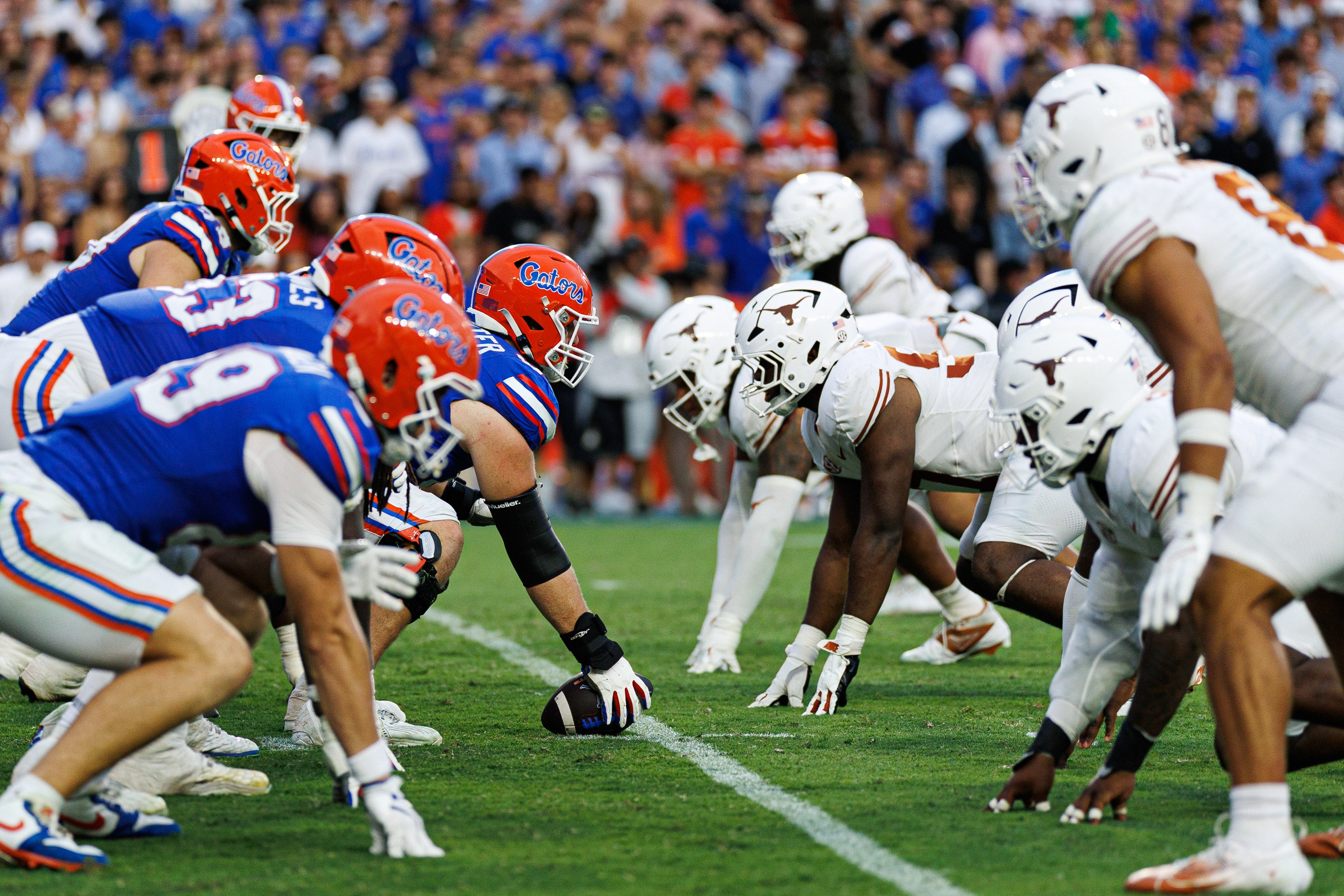 Oct 4, 2025; Gainesville, Florida, USA; Florida Gators offensive lineman Jake Slaughter (66) lines up against the Texas Longhorns defense during the second half at Ben Hill Griffin Stadium. Mandatory Credit: Matt Pendleton-Imagn Images
