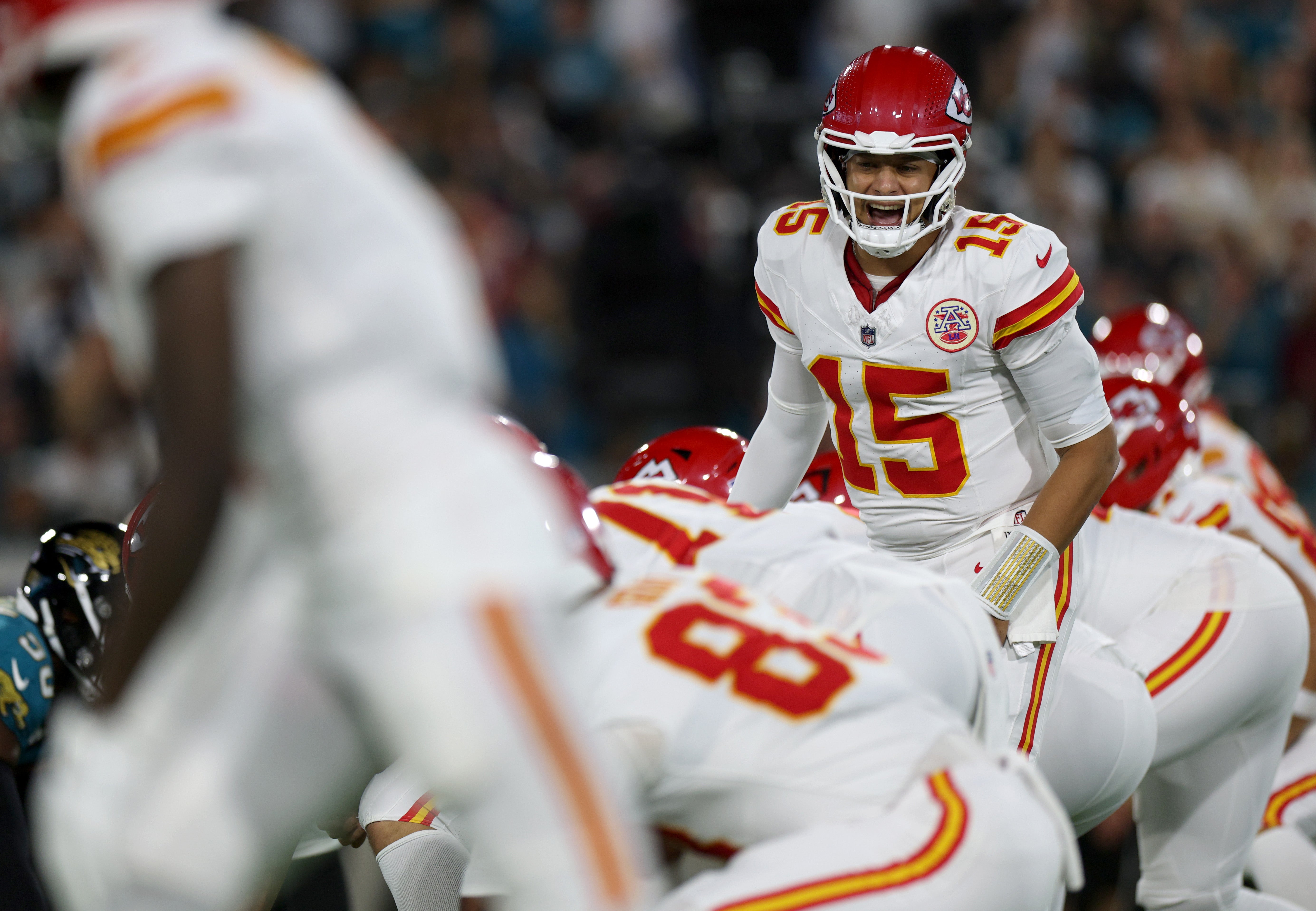 Kansas City Chiefs quarterback Patrick Mahomes (15) calls a play during the first quarter against the Jacksonville Jaguars
