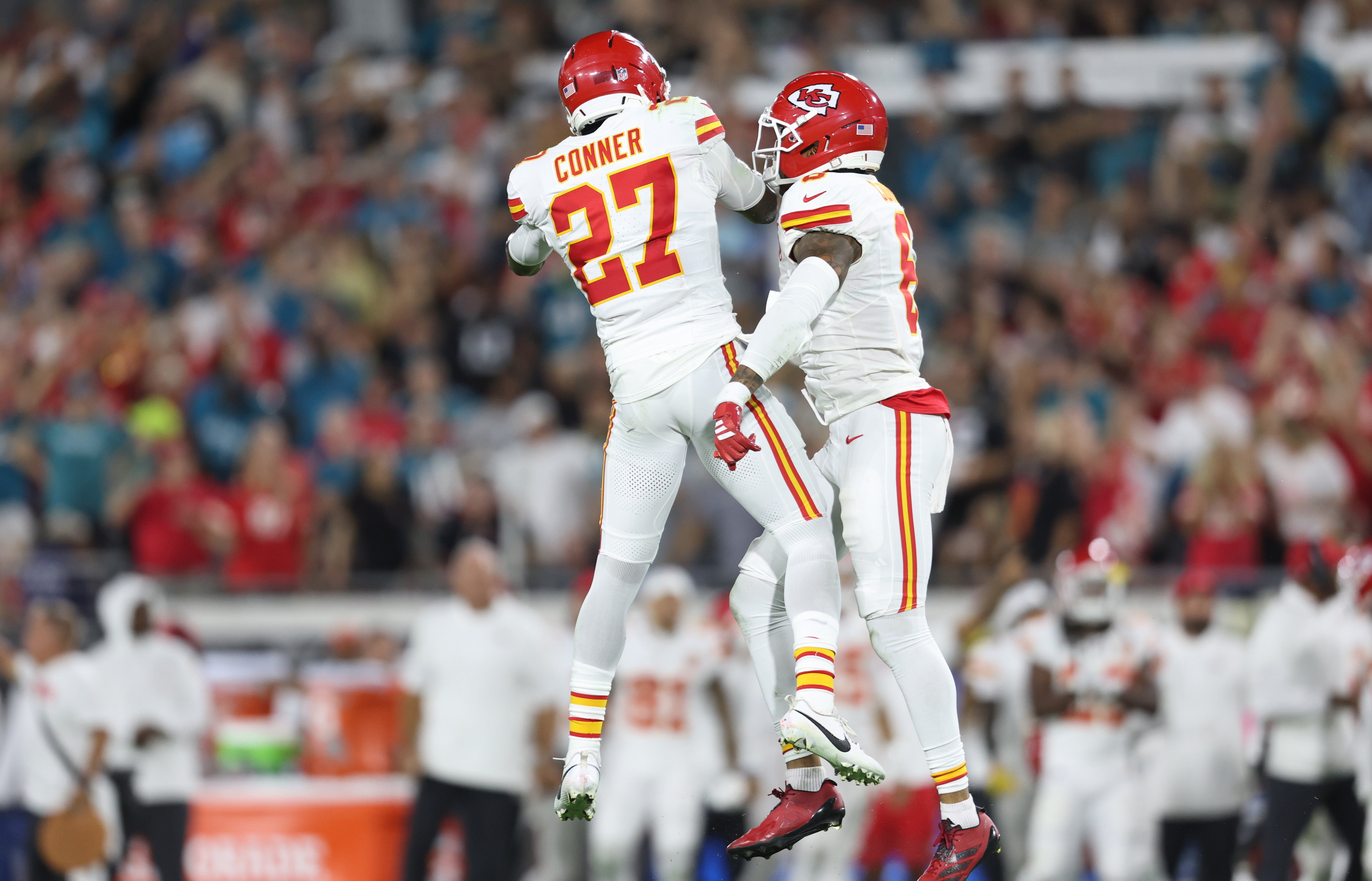 Kansas City Chiefs defensive back Chamarri Conner (27) and safety Bryan Cook (6)