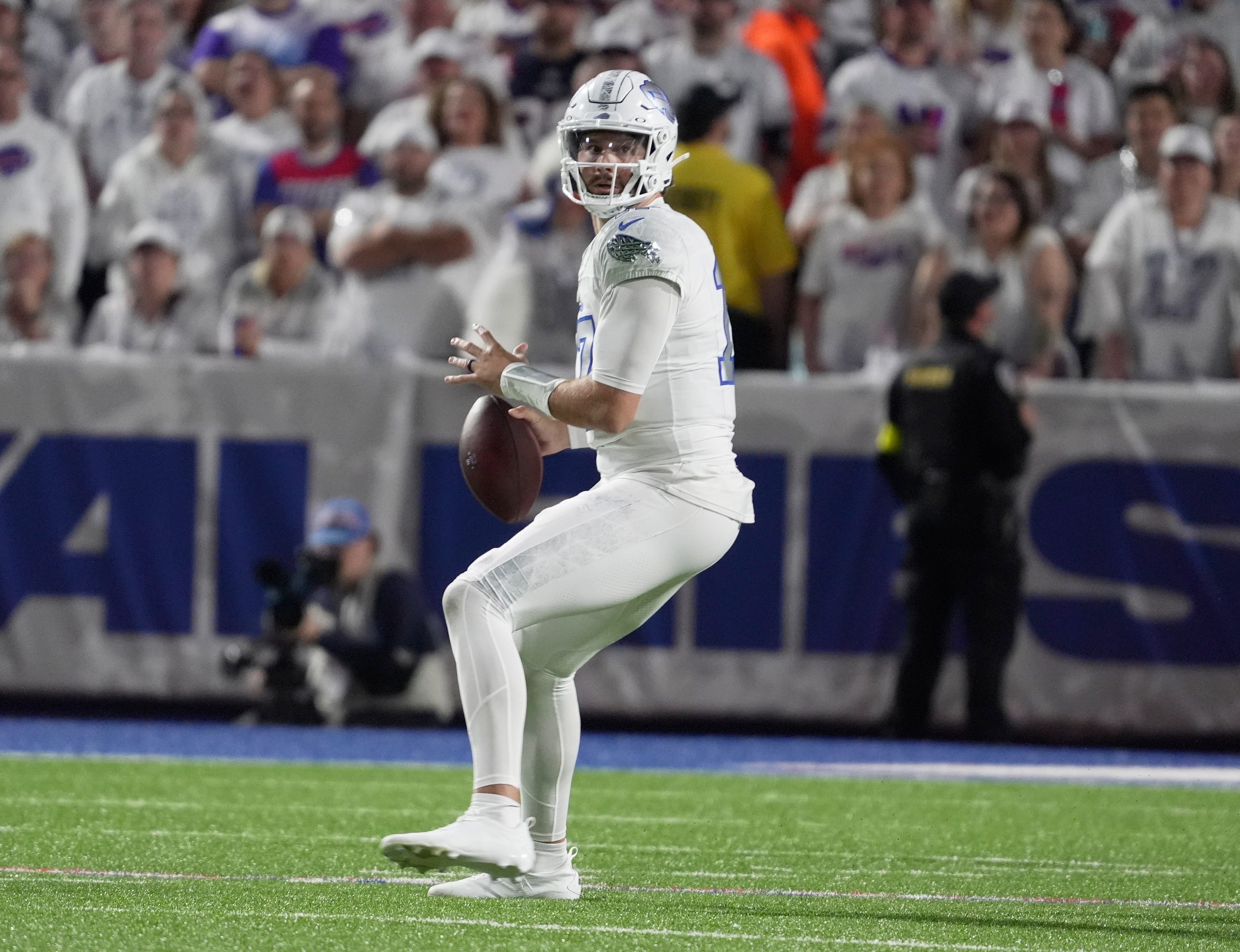 Buffalo Bills quarterback Josh Allen gets ready to launch a pass during first half action at Highmark Stadium in Orchard Park on Oct. 5, 2025.
