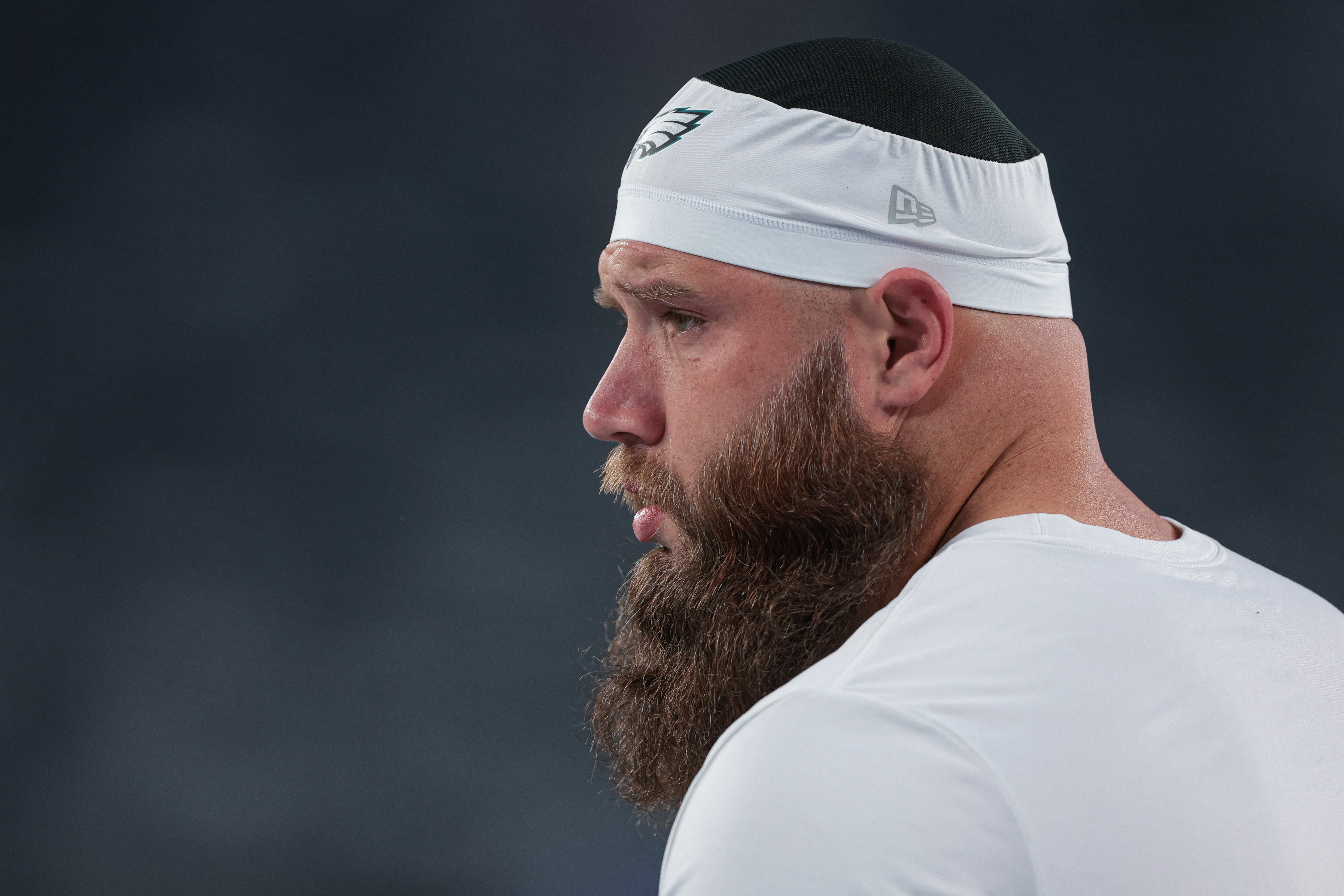 Philadelphia Eagles offensive tackle Lane Johnson (65) on the field before the game against the New York Giants at MetLife Stadium.