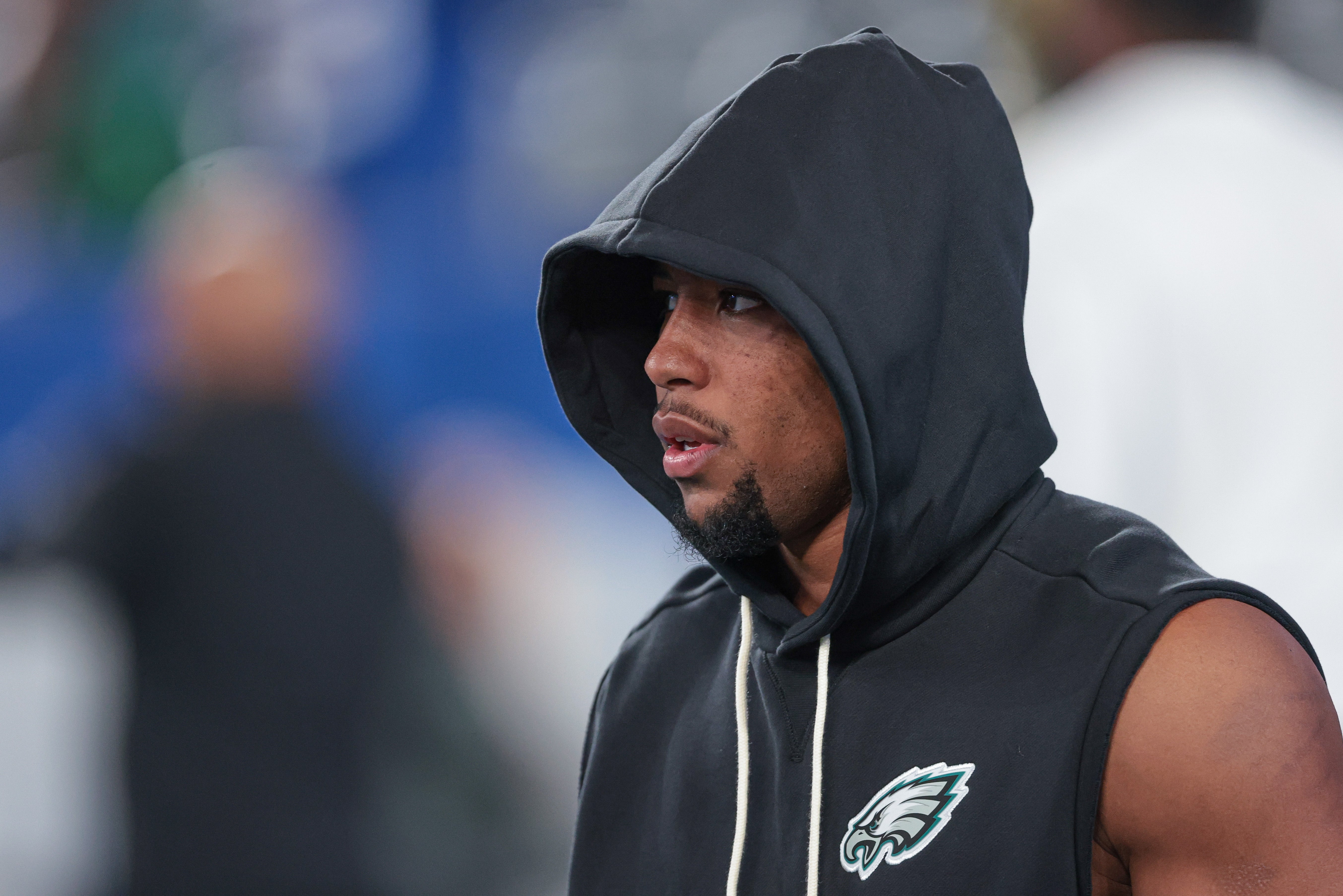 Philadelphia Eagles running back Saquon Barkley (26) warms up before the game against the New York Giants at MetLife Stadium.