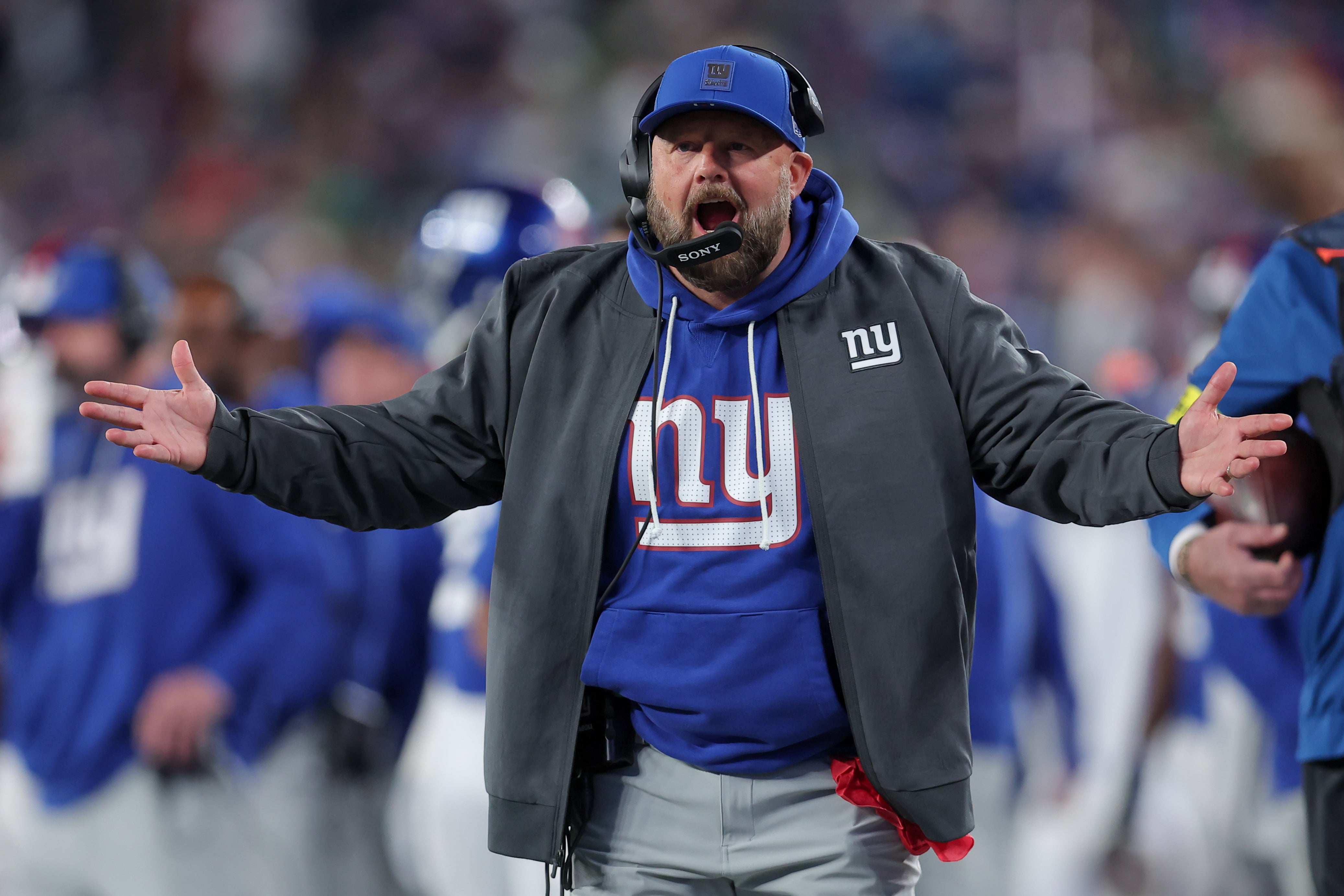 Oct 9, 2025; East Rutherford, New Jersey, USA; New York Giants head coach Brian Daboll reacts during the second quarter of the game against the Philadelphia Eagles at MetLife Stadium.